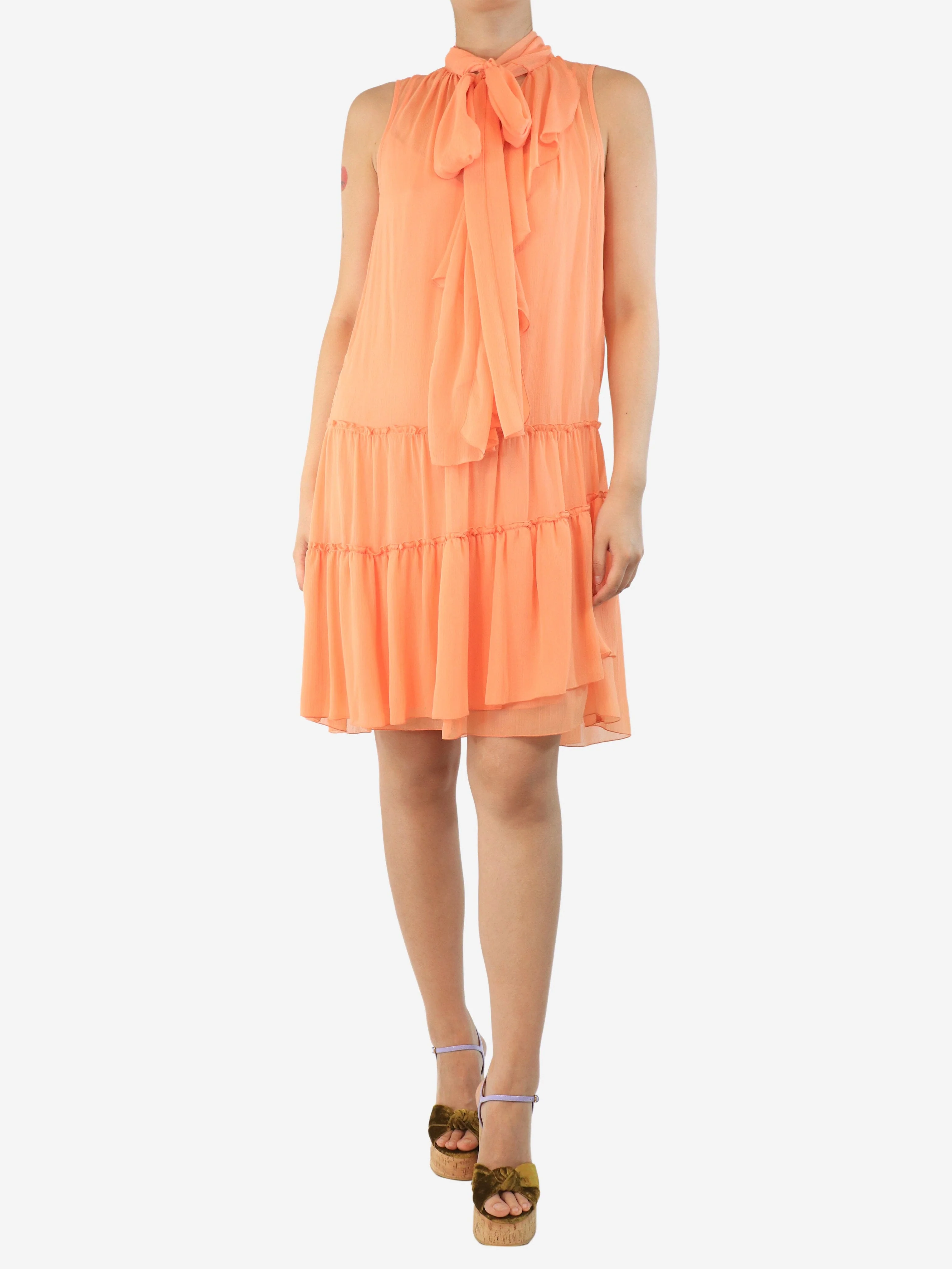 Salmon tiered chiffon midi dress - size UK 10