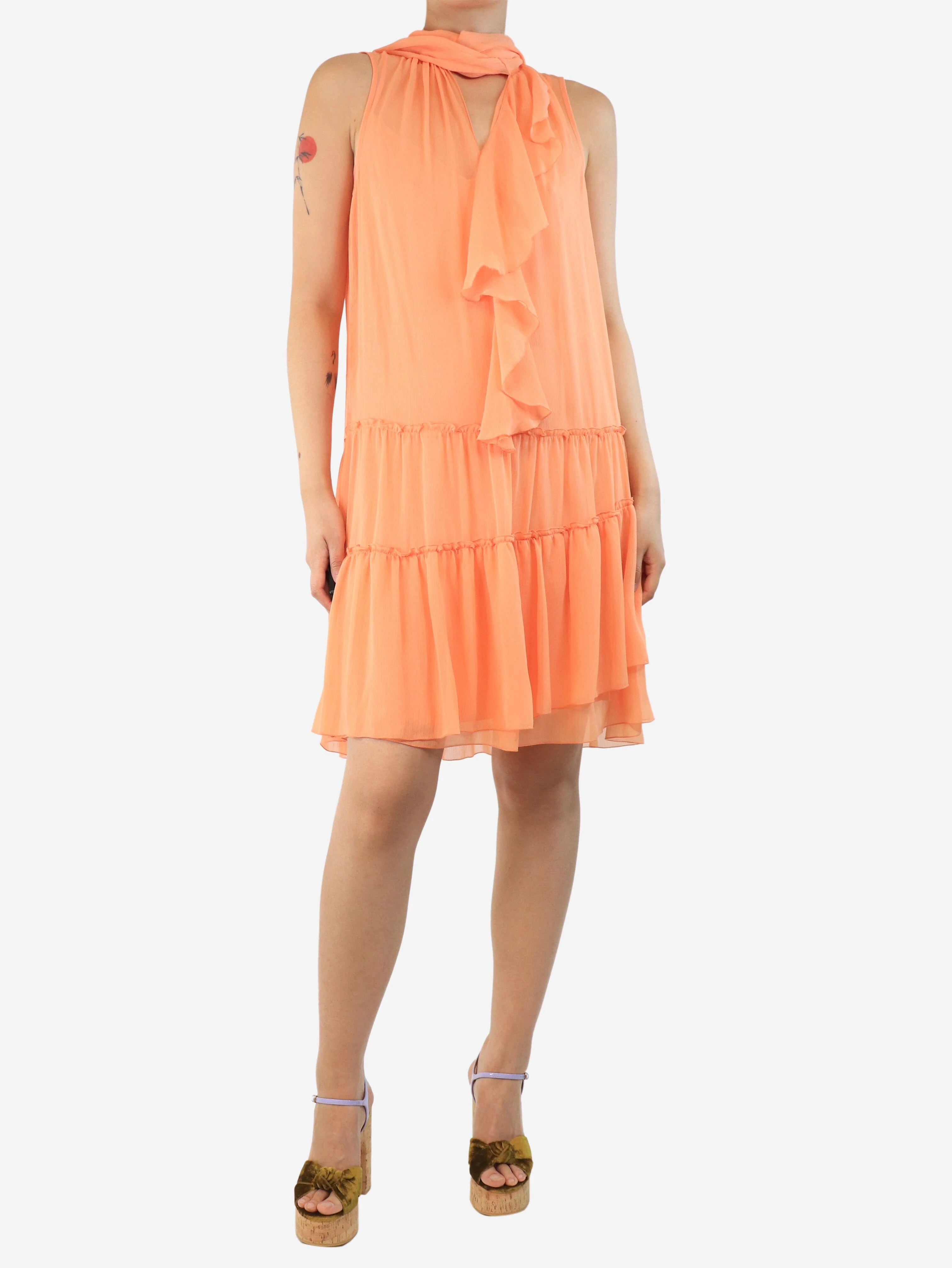 Salmon tiered chiffon midi dress - size UK 10 - Image 3