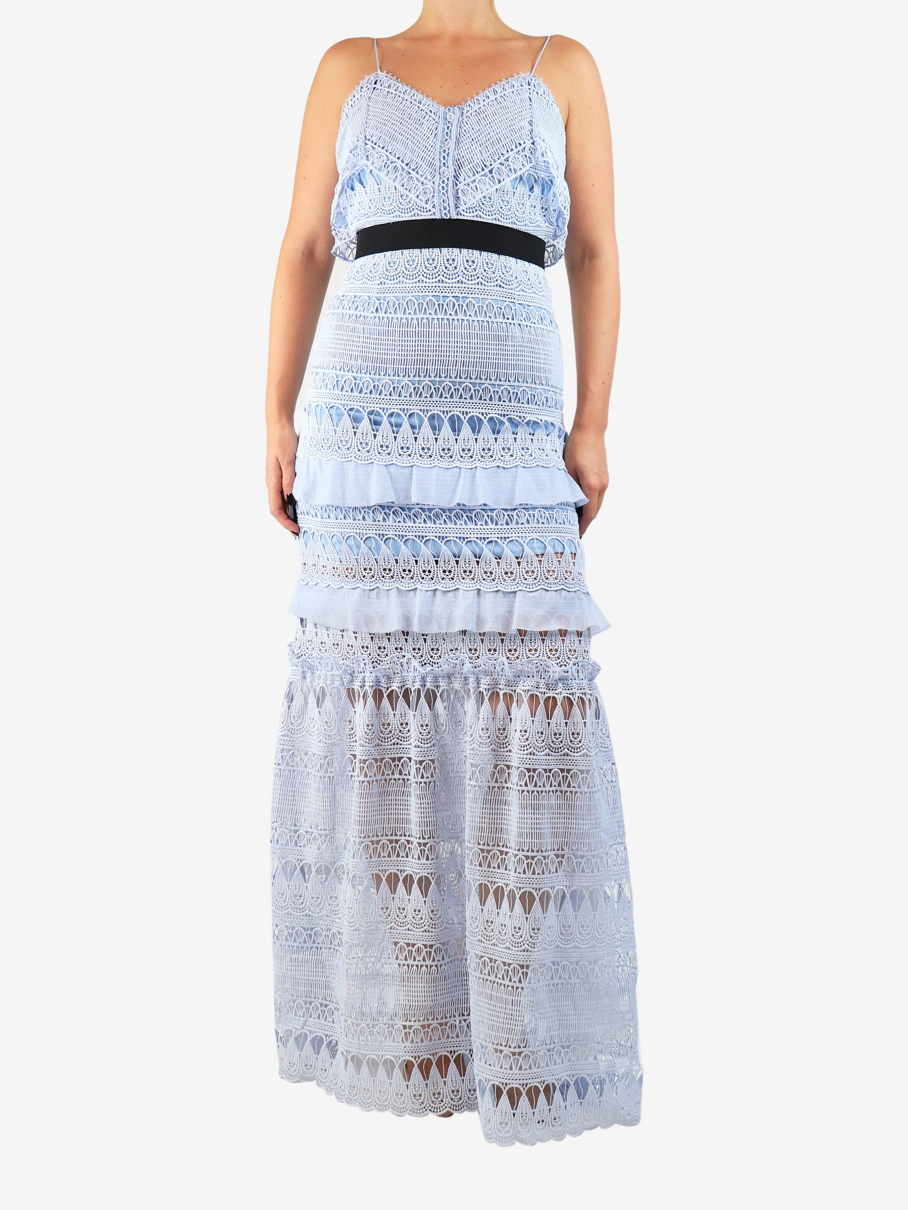 Baby blue lace embroidered midi dress - size UK 10