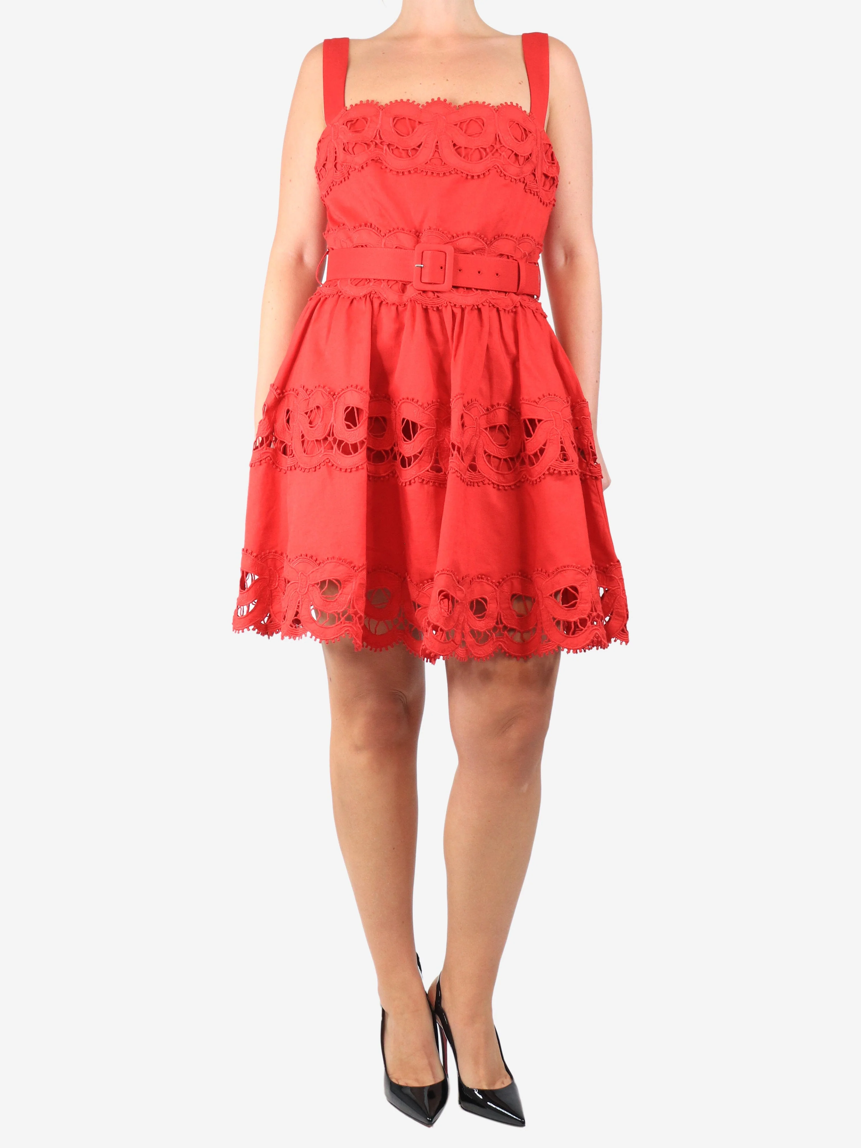 Red embroidered linen mini dress - size UK 12