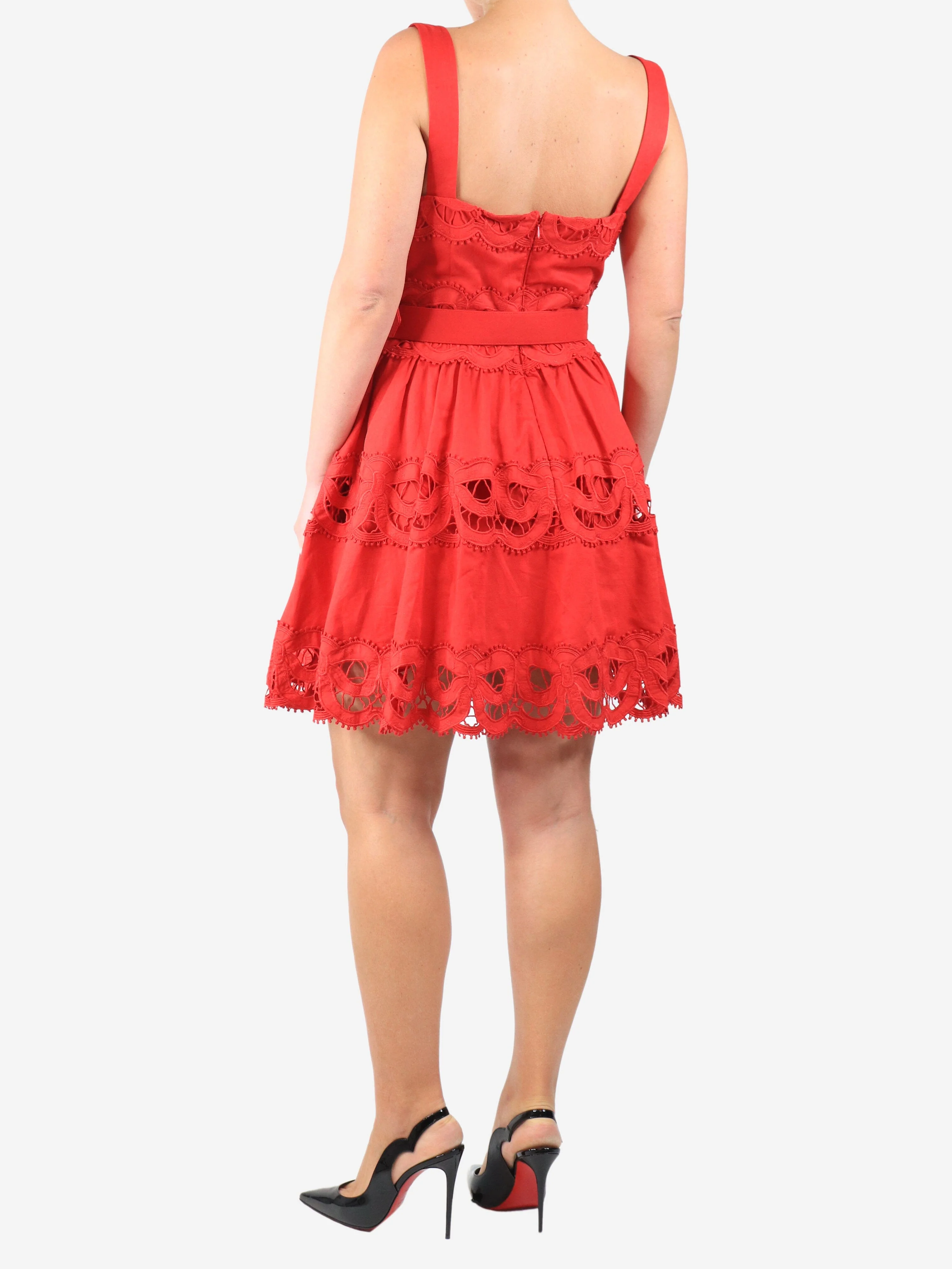 Red embroidered linen mini dress - size UK 12 - Image 2