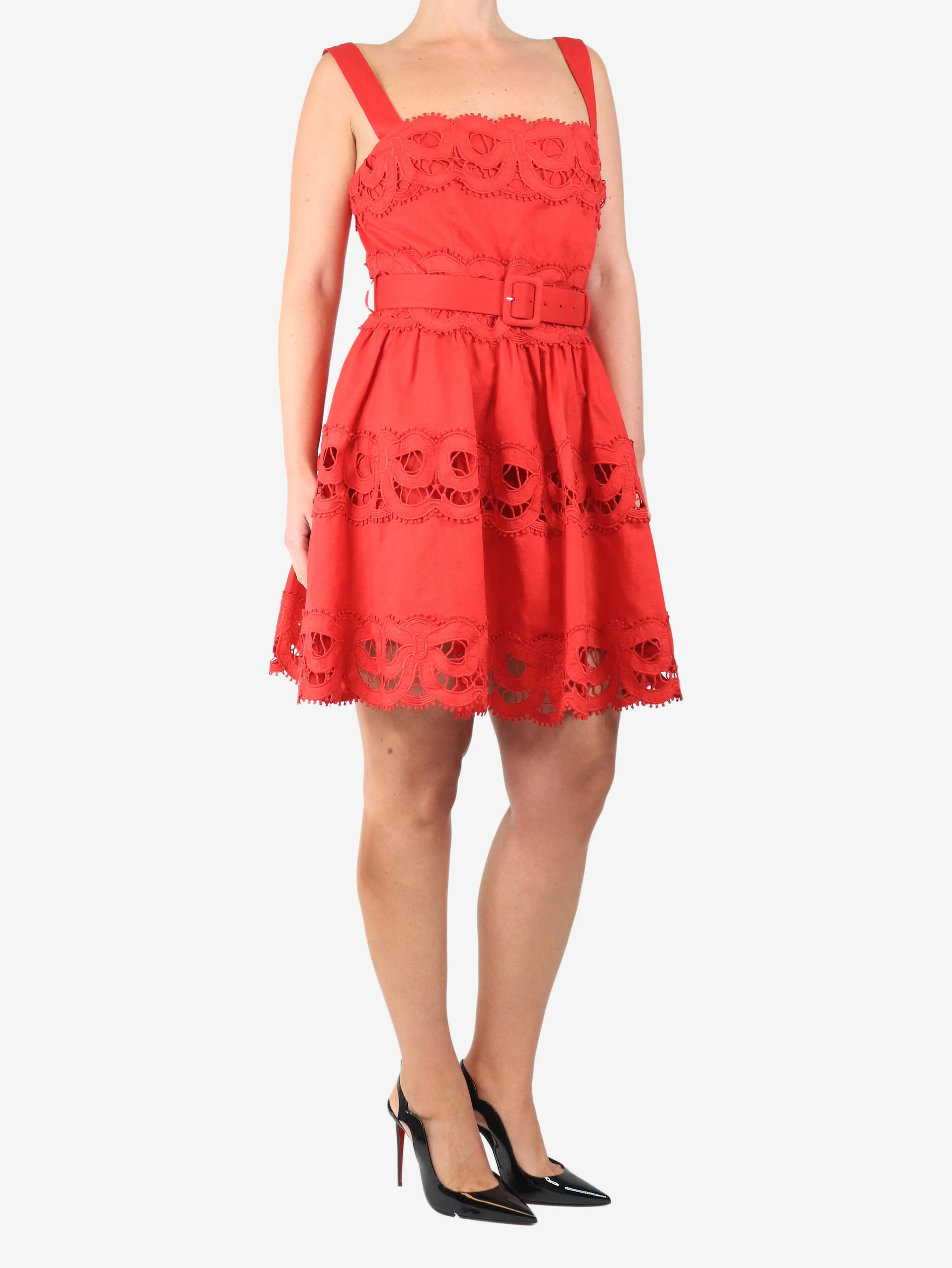 Red embroidered linen mini dress - size UK 12 - Image 3