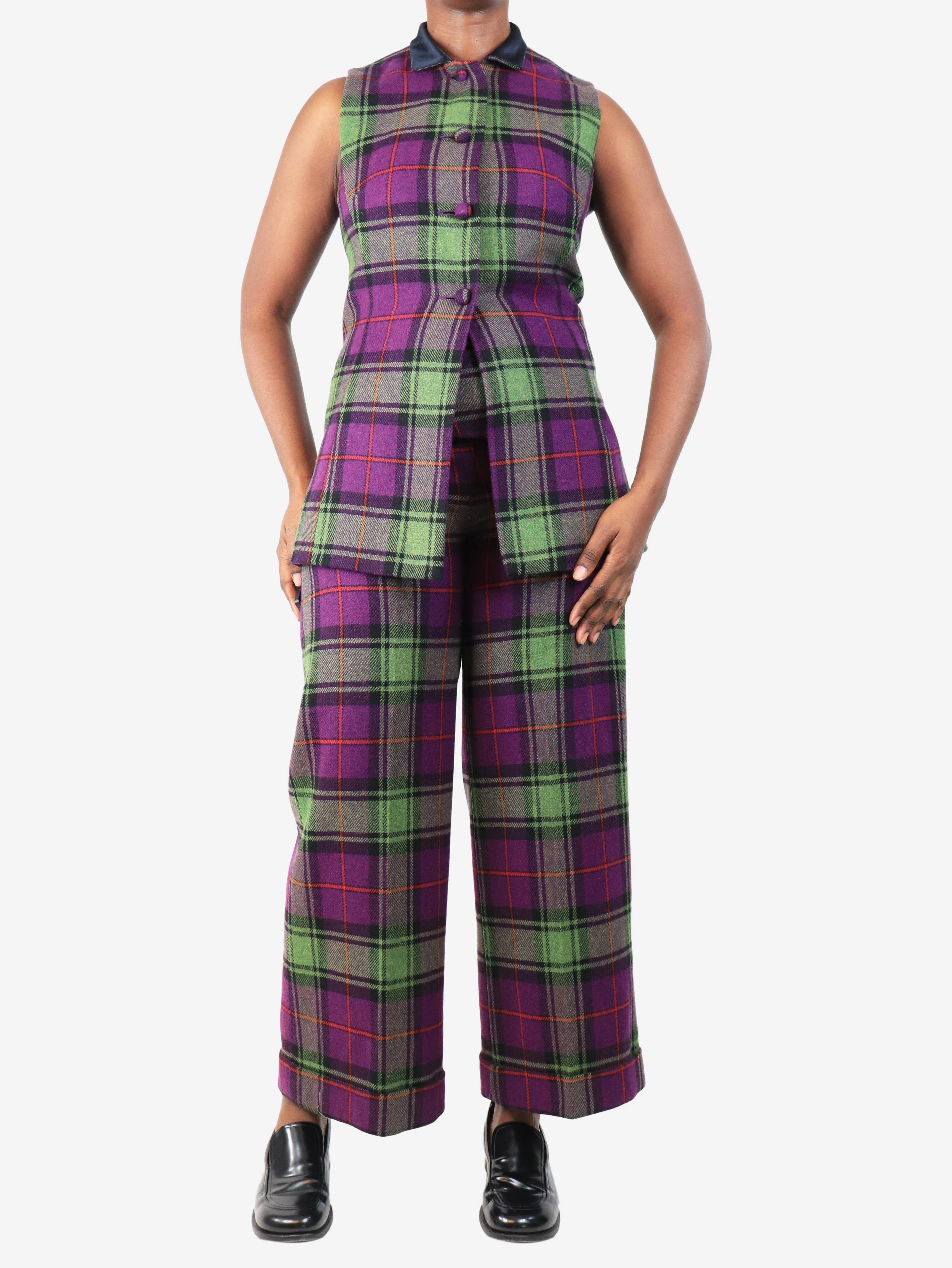 Purple and green check waistcoat and trouser set - size UK 12