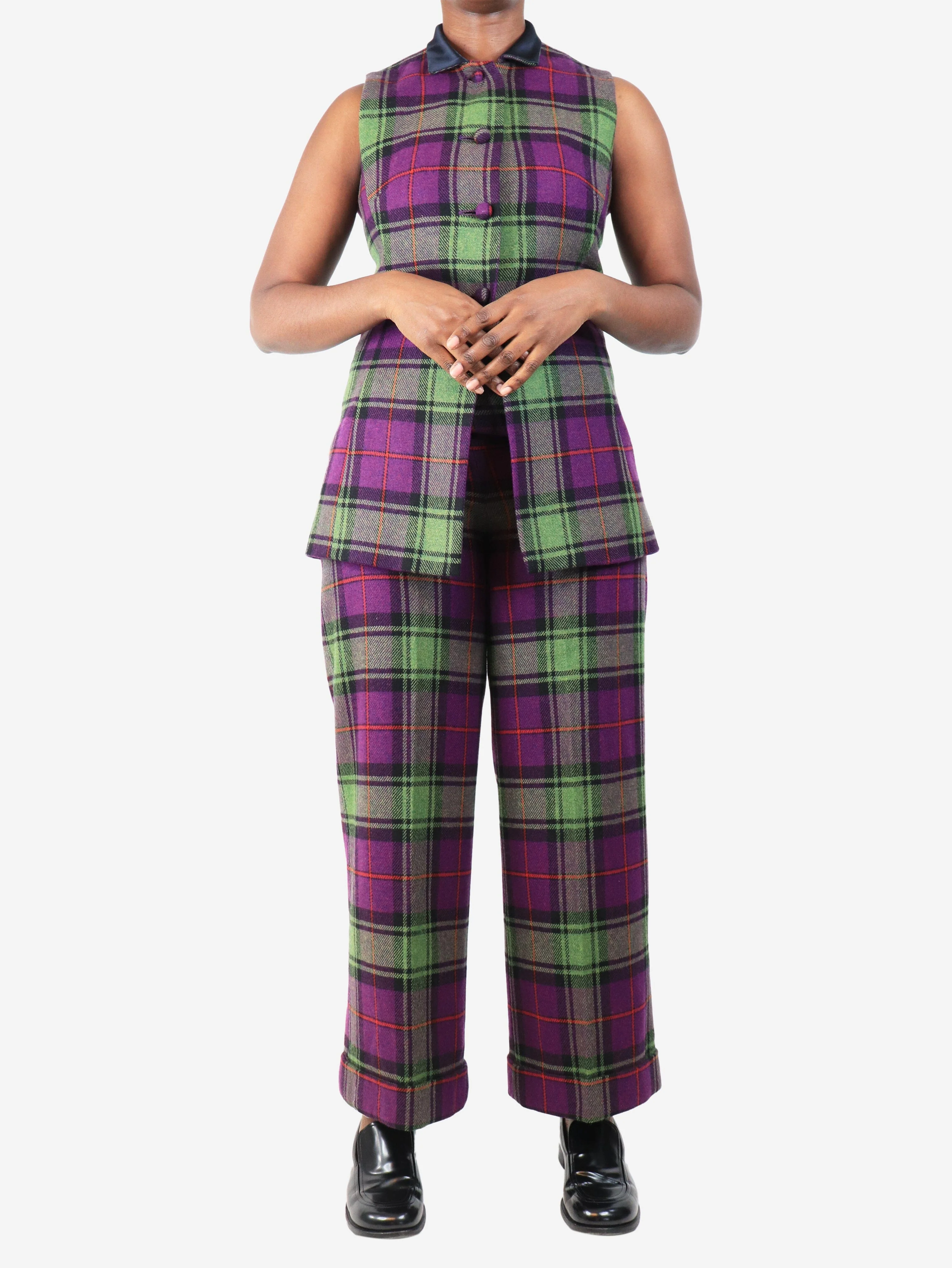 Purple and green check waistcoat and trouser set - size UK 12 - Image 3