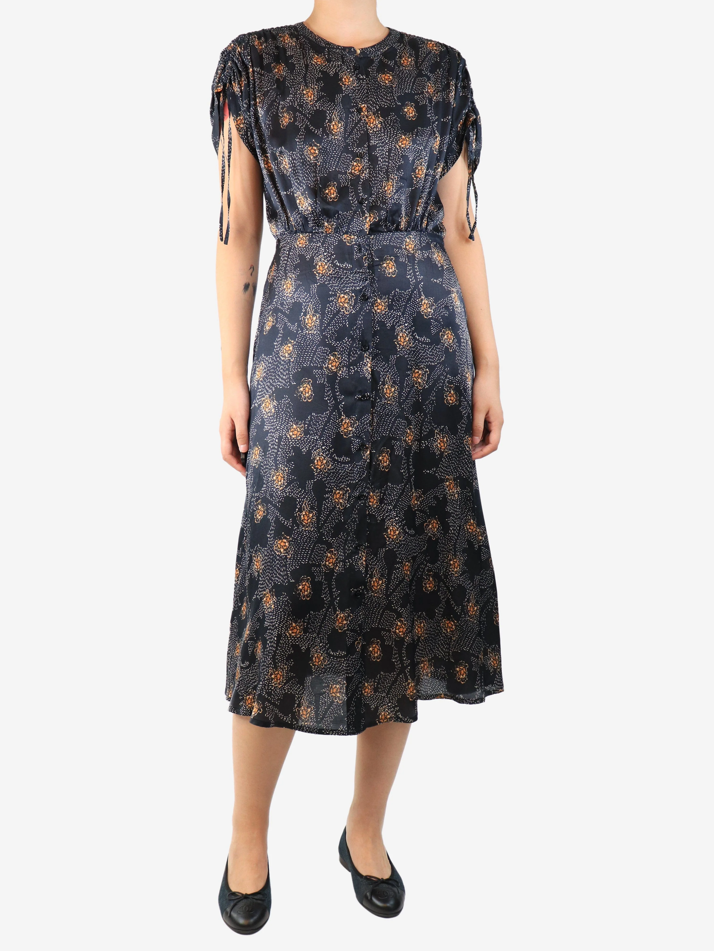Black silk-blend printed midi dress - size M