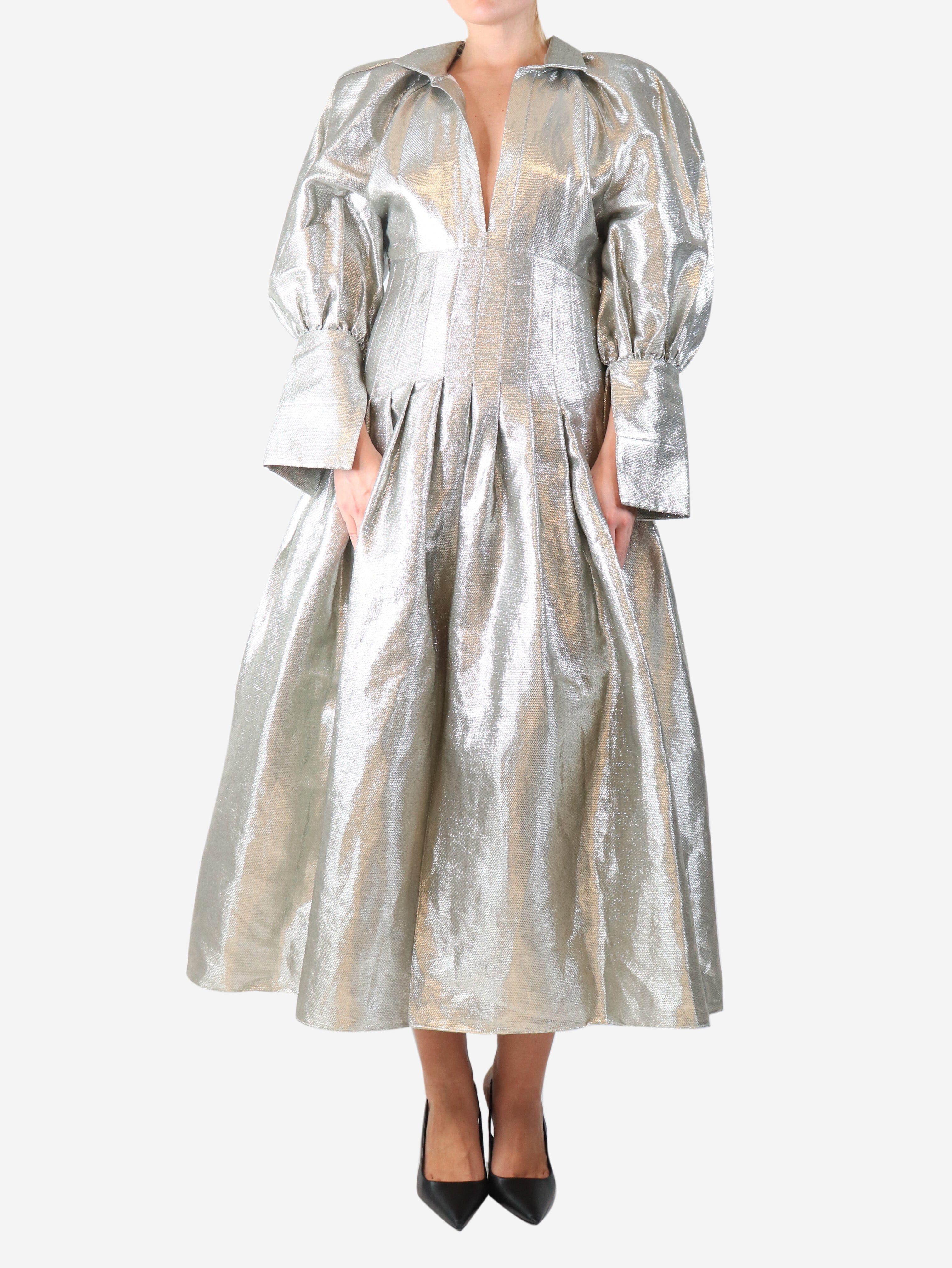 Silver long-sleeve lurex midi dress
