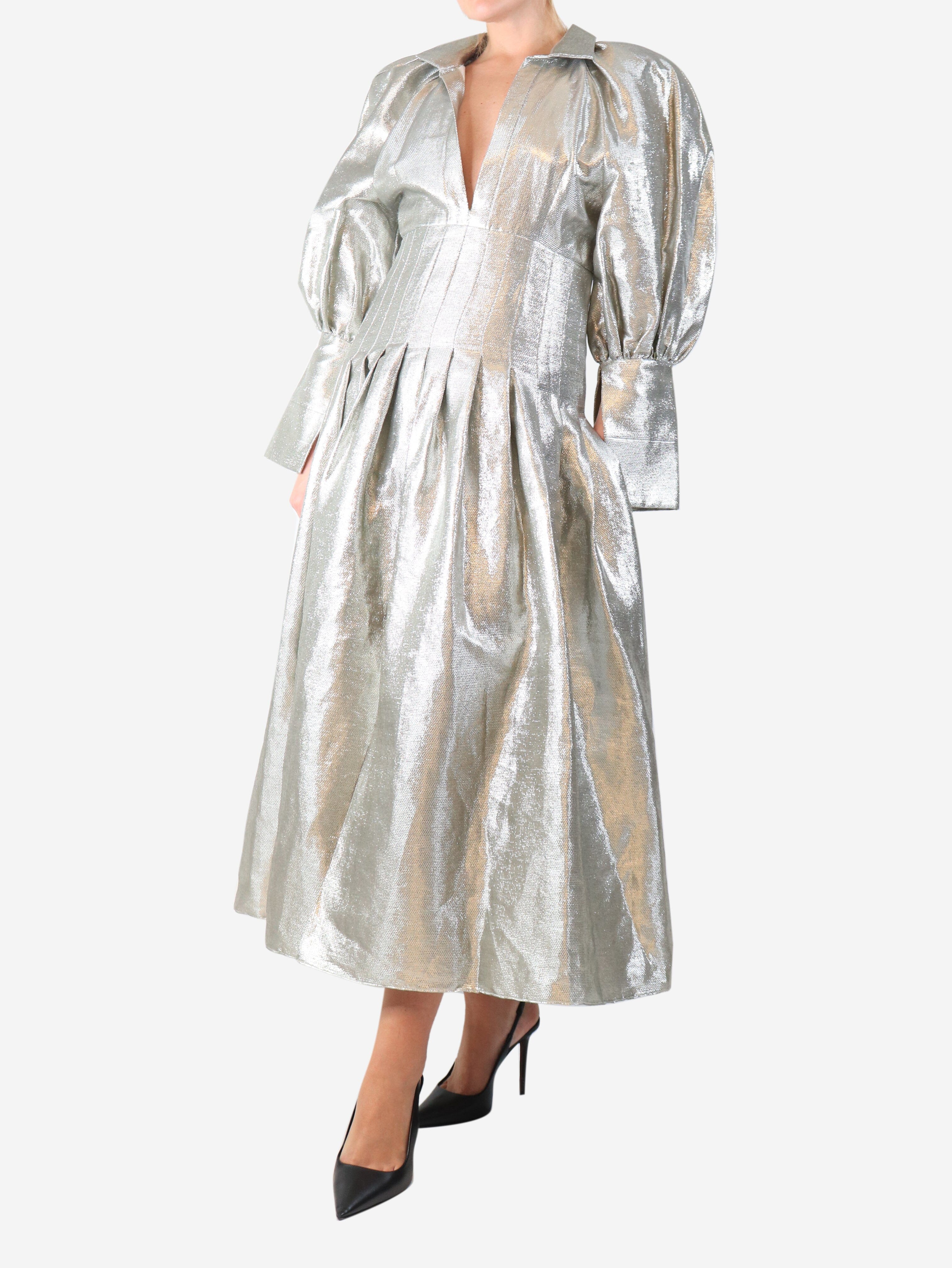 Silver long-sleeve lurex midi dress - Image 3