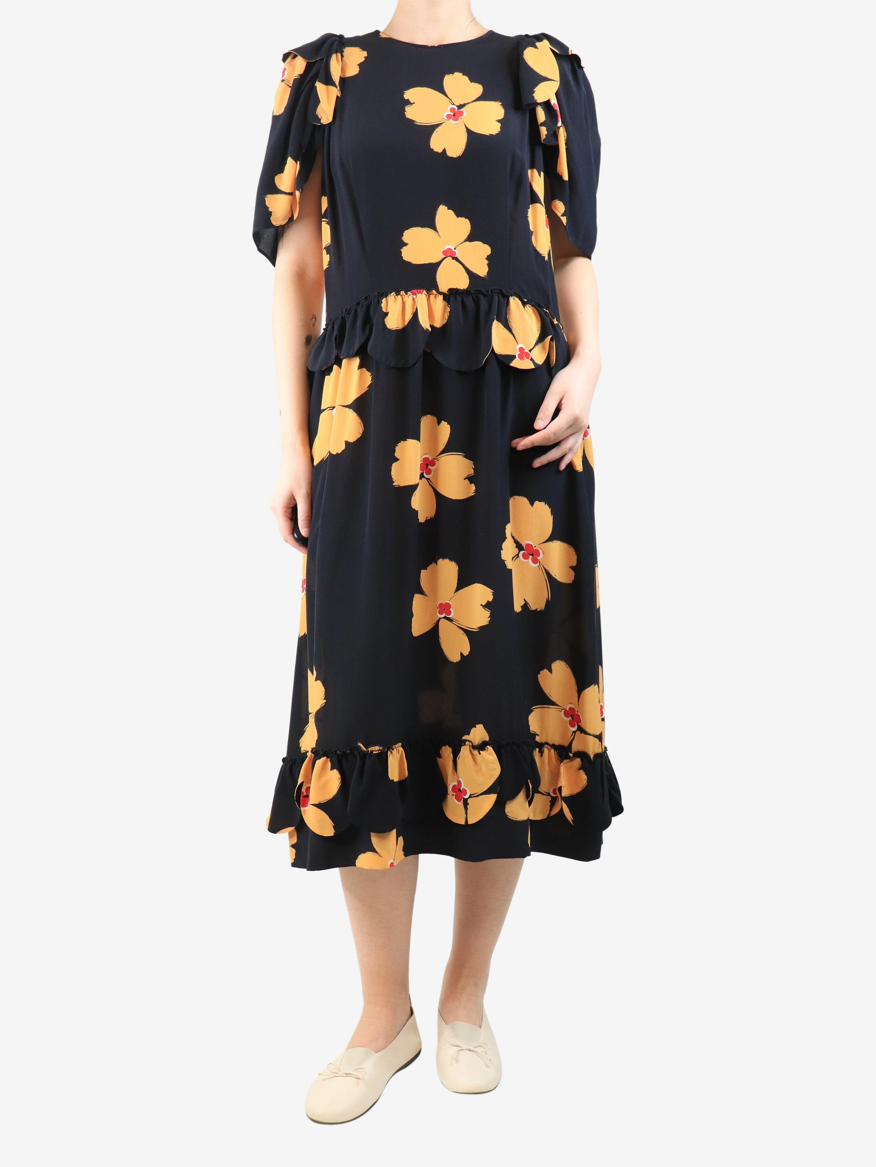 Black silk floral dress - size UK 14 - Image 3