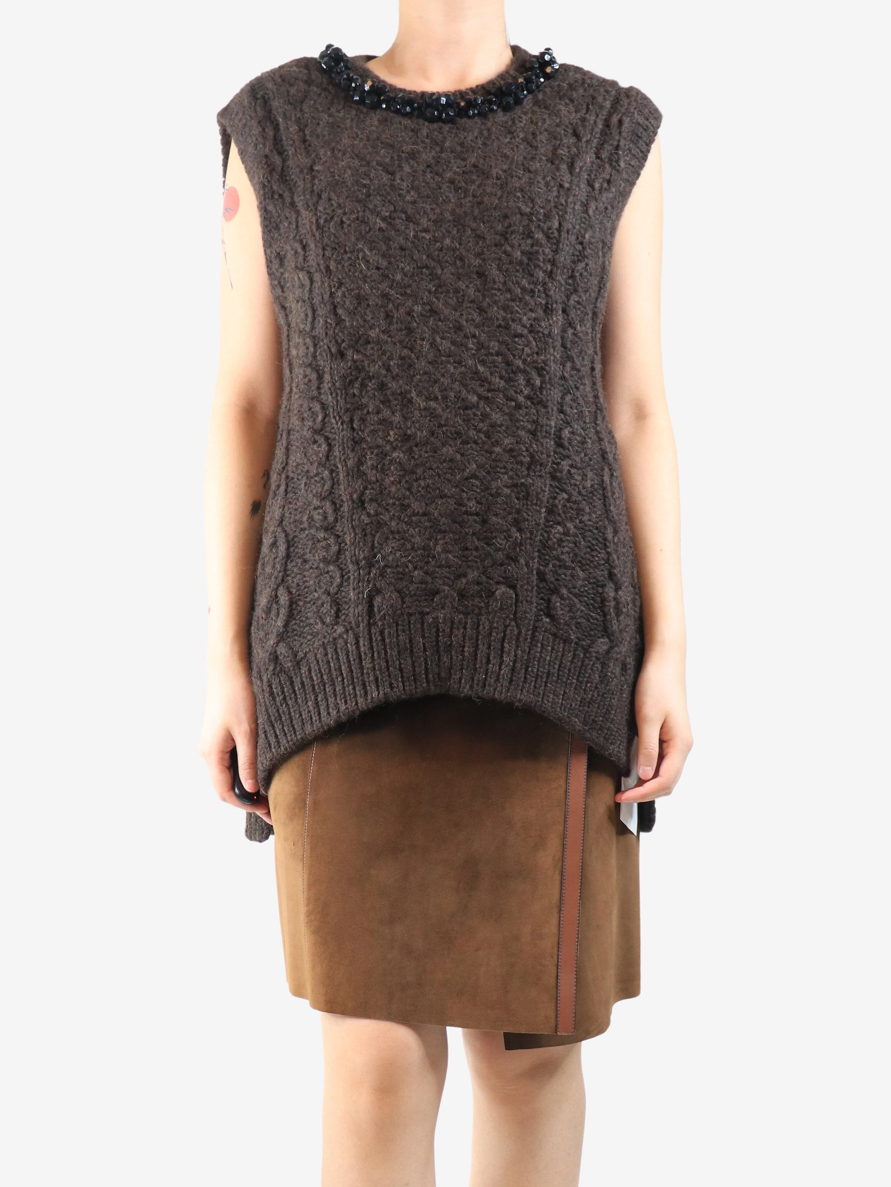 Brown beaded sleeveless chunky knit top - size L - Image 3