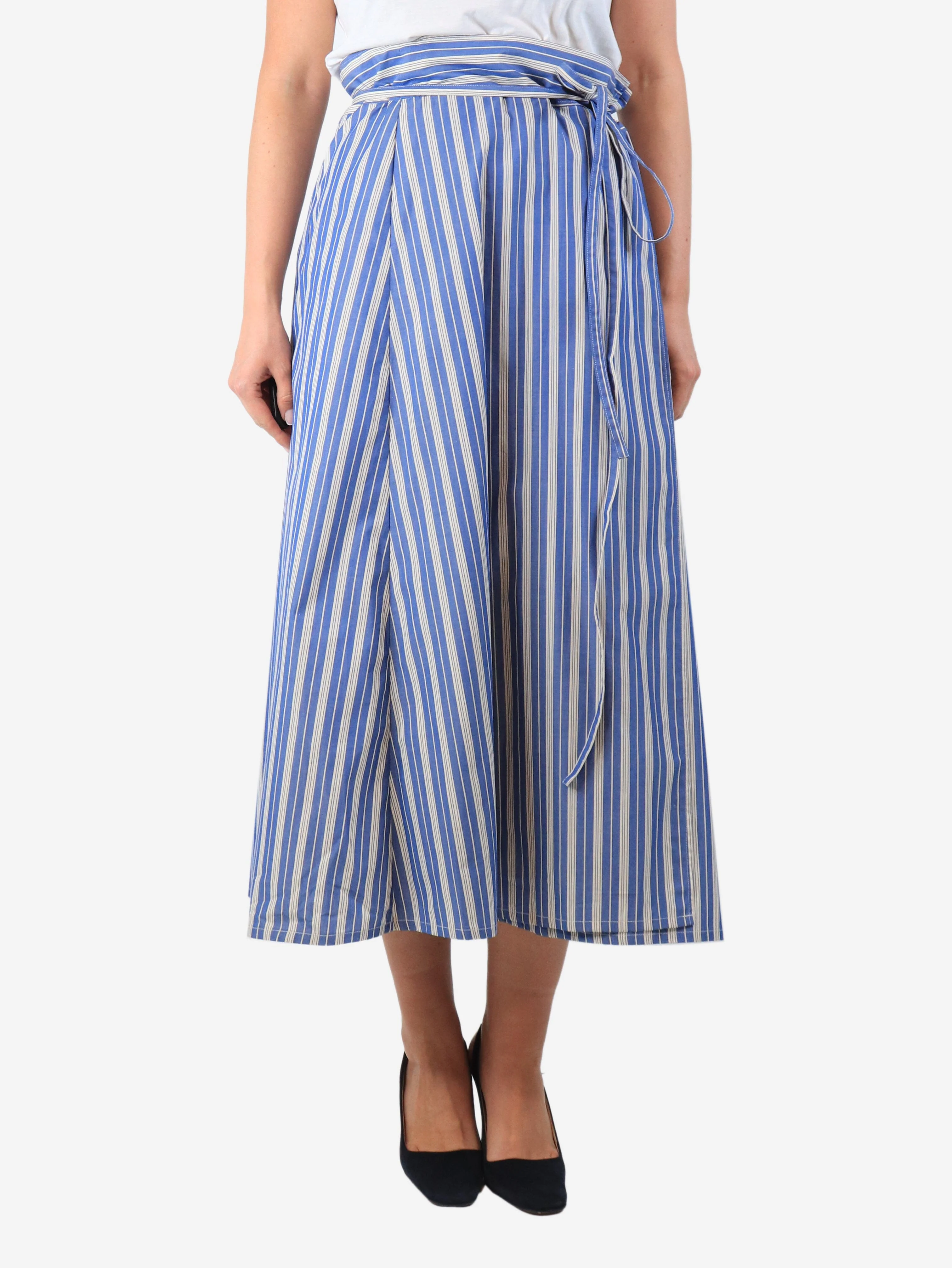 Blue and white Reine striped midi skirt - size UK 14
