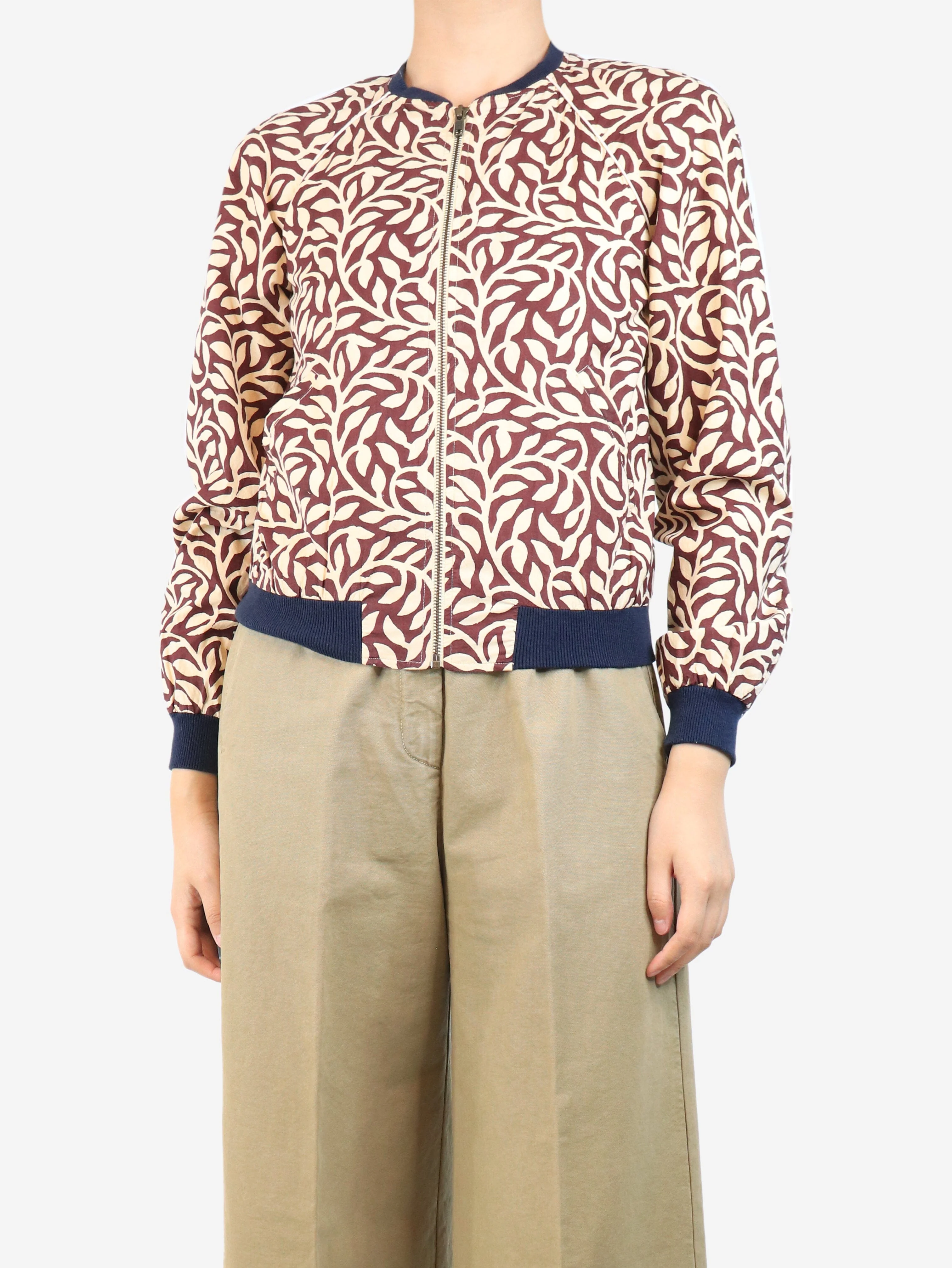 Burgundy foliage bomber jacket - size UK 8