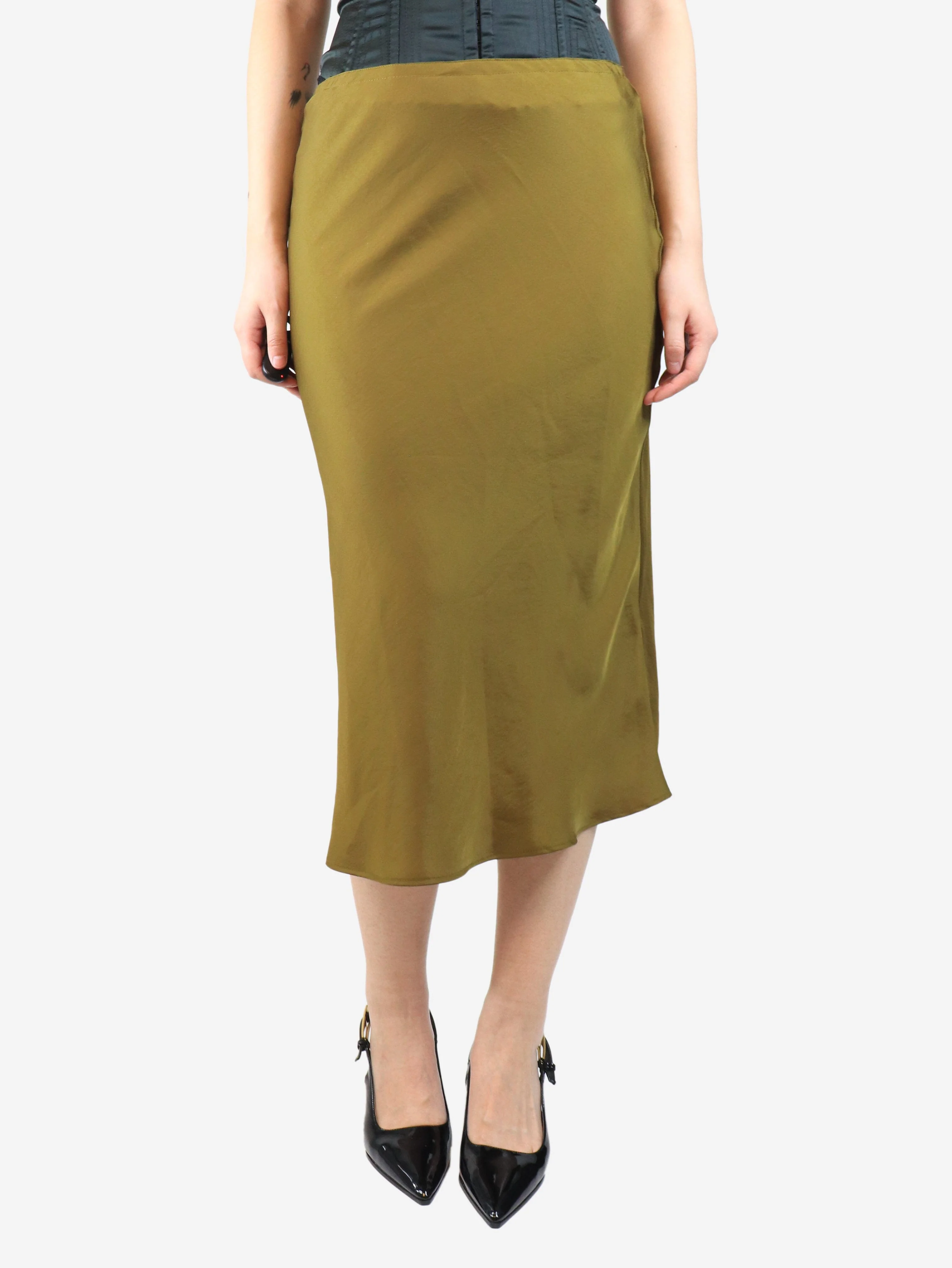 Khaki satin midi skirt - size UK 8