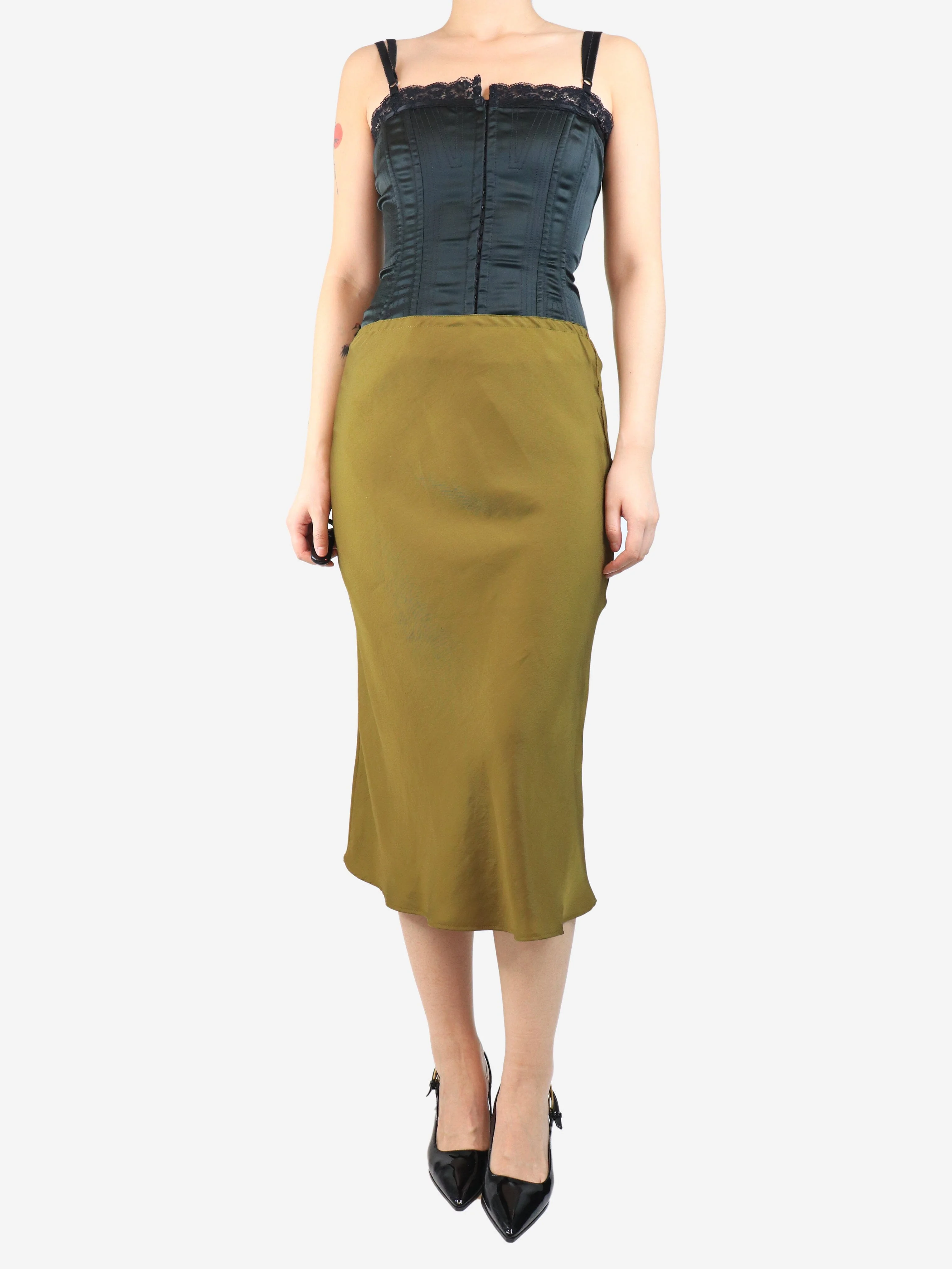 Khaki satin midi skirt - size UK 8 - Image 2