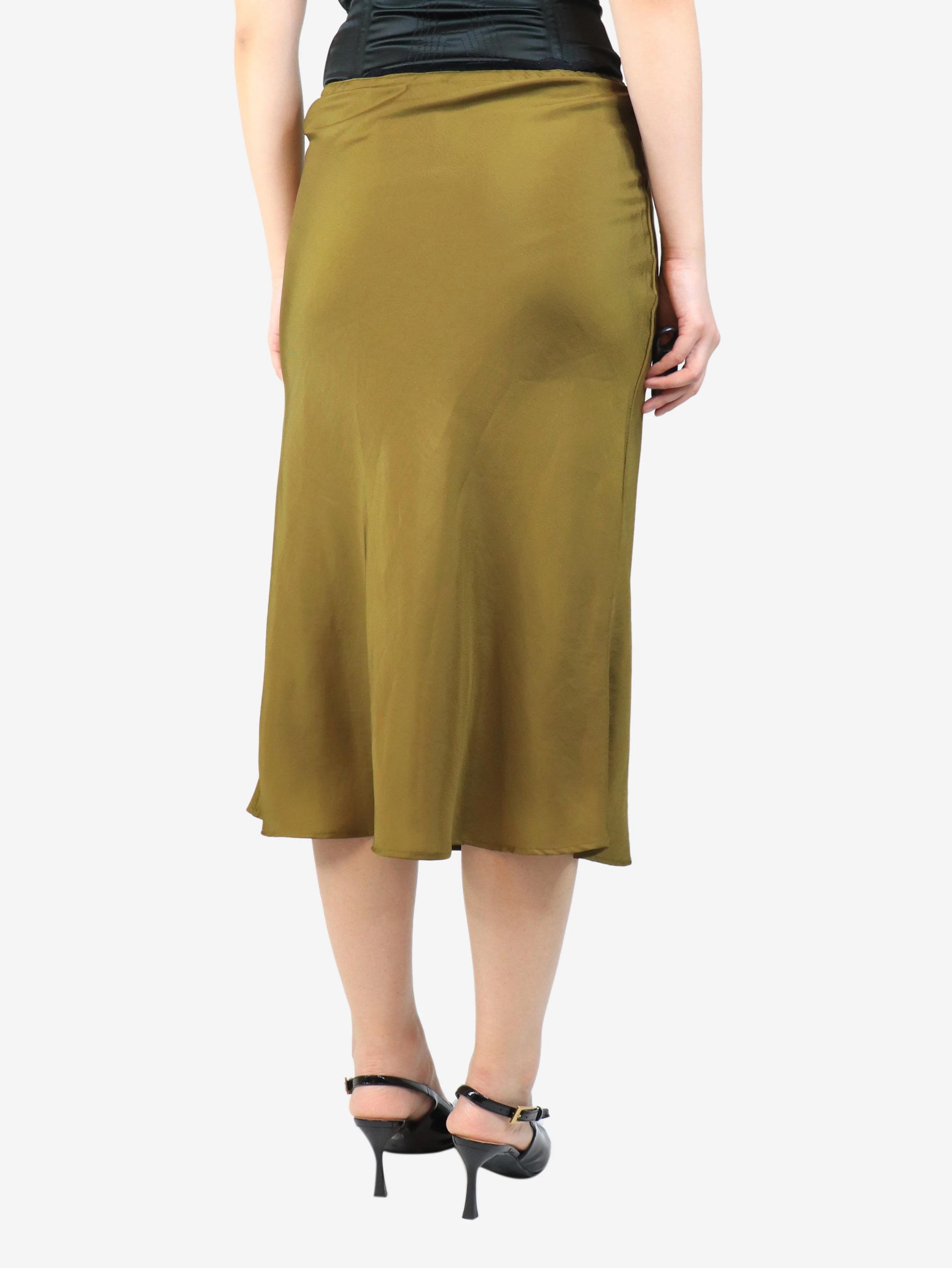 Khaki satin midi skirt - size UK 8 - Image 3