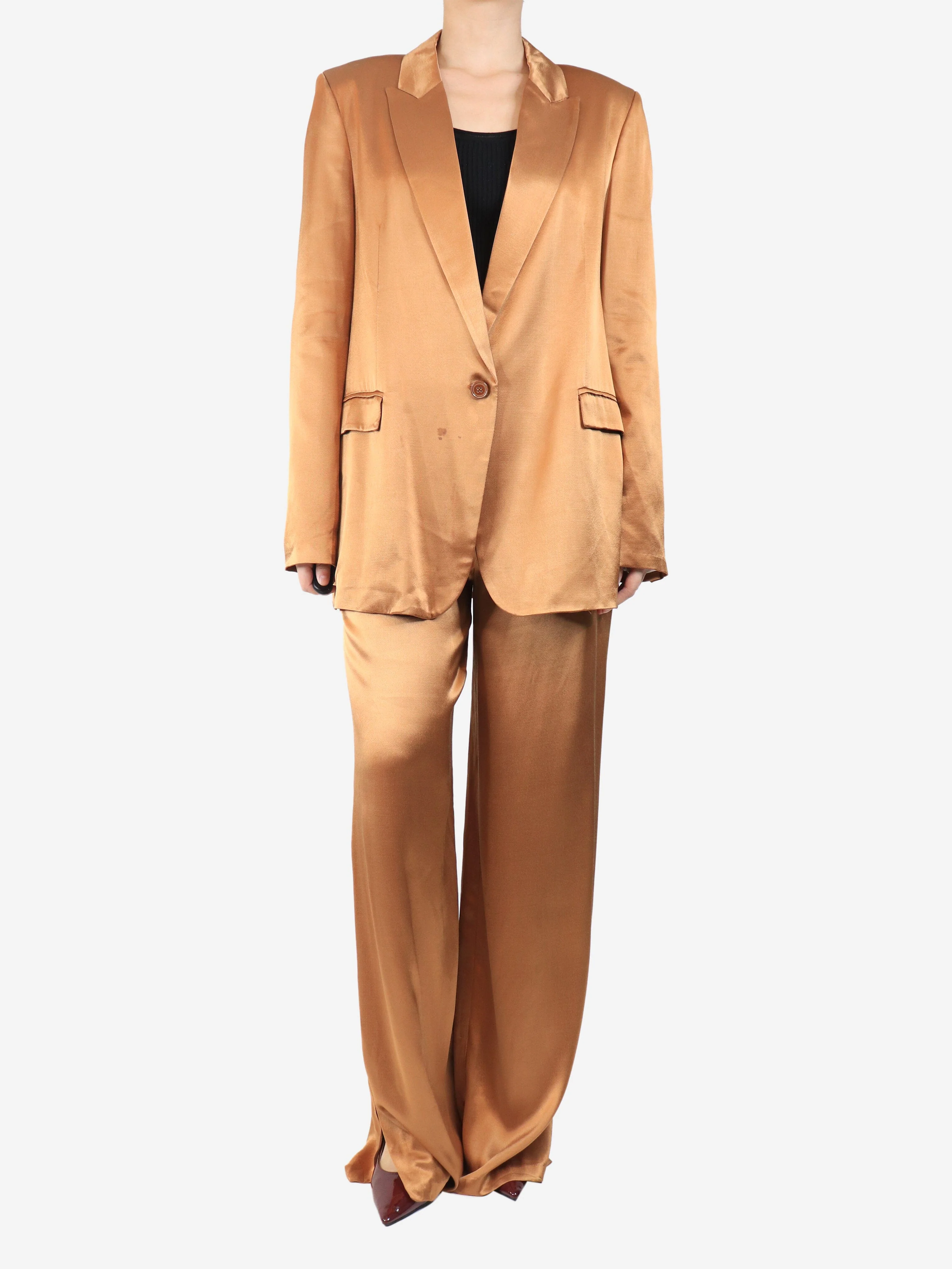 Brown sateen two piece suit - size UK 12