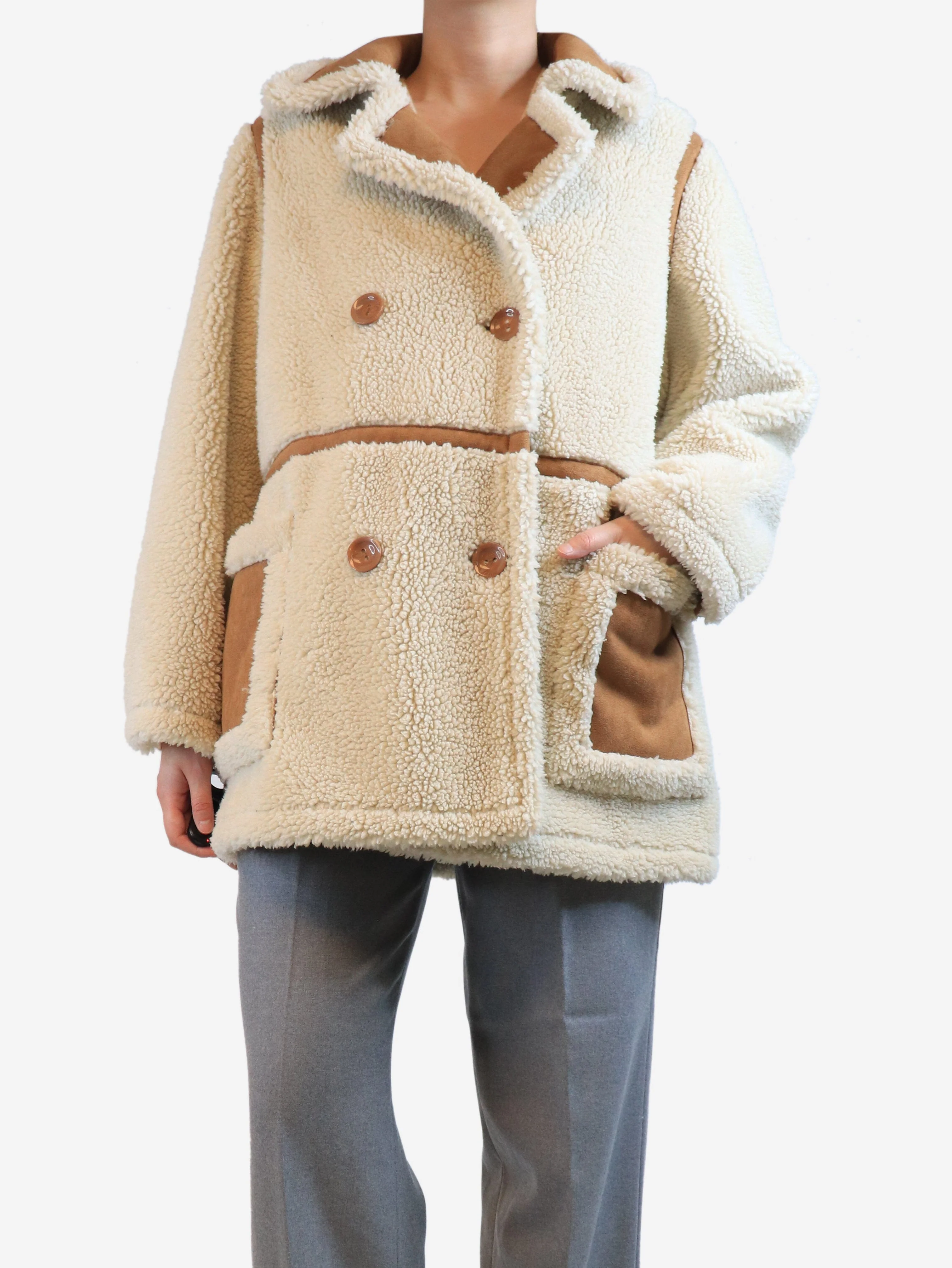 Cream faux shearling coat - size UK 10