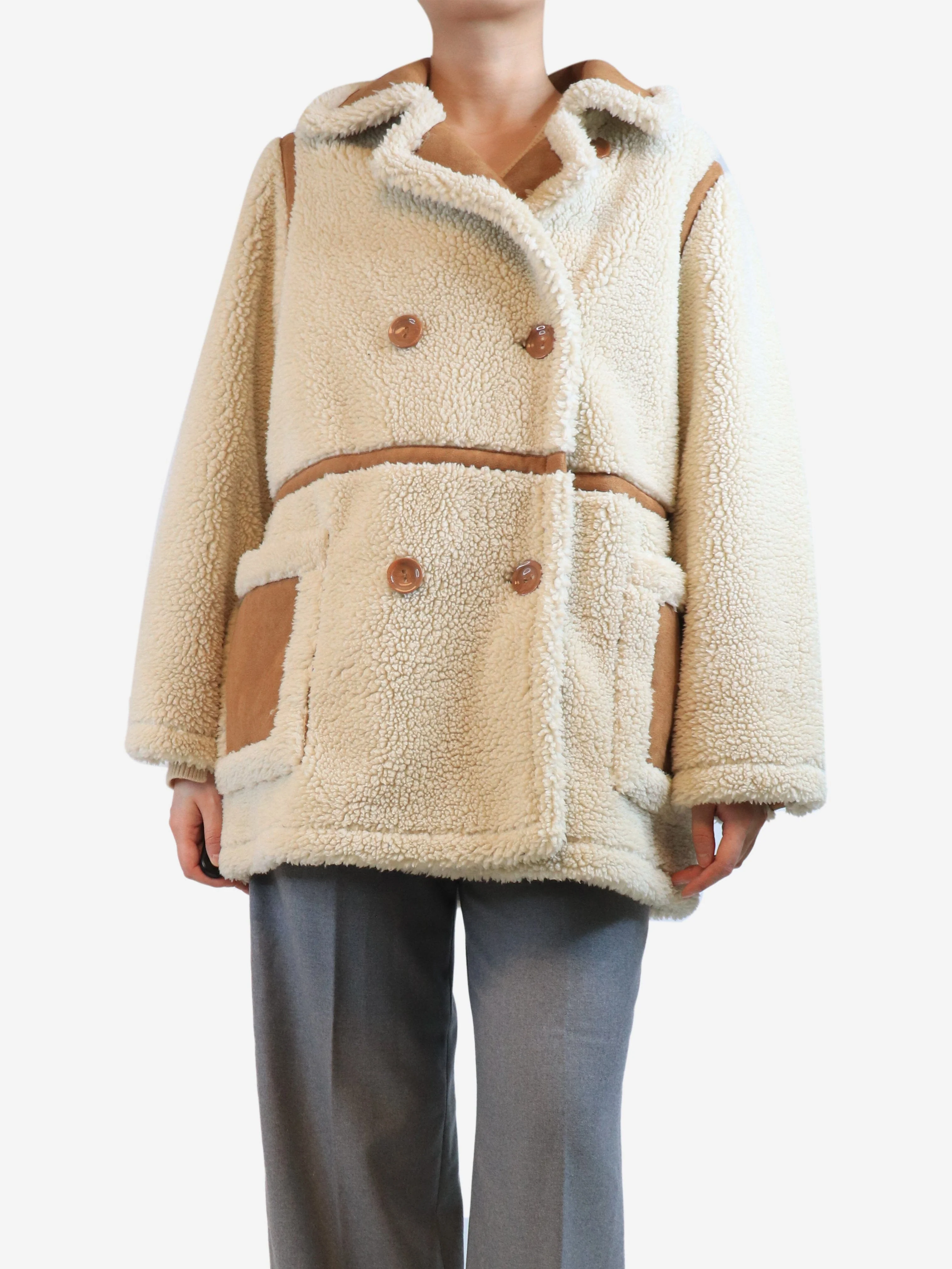 Cream faux shearling coat - size UK 10 - Image 3