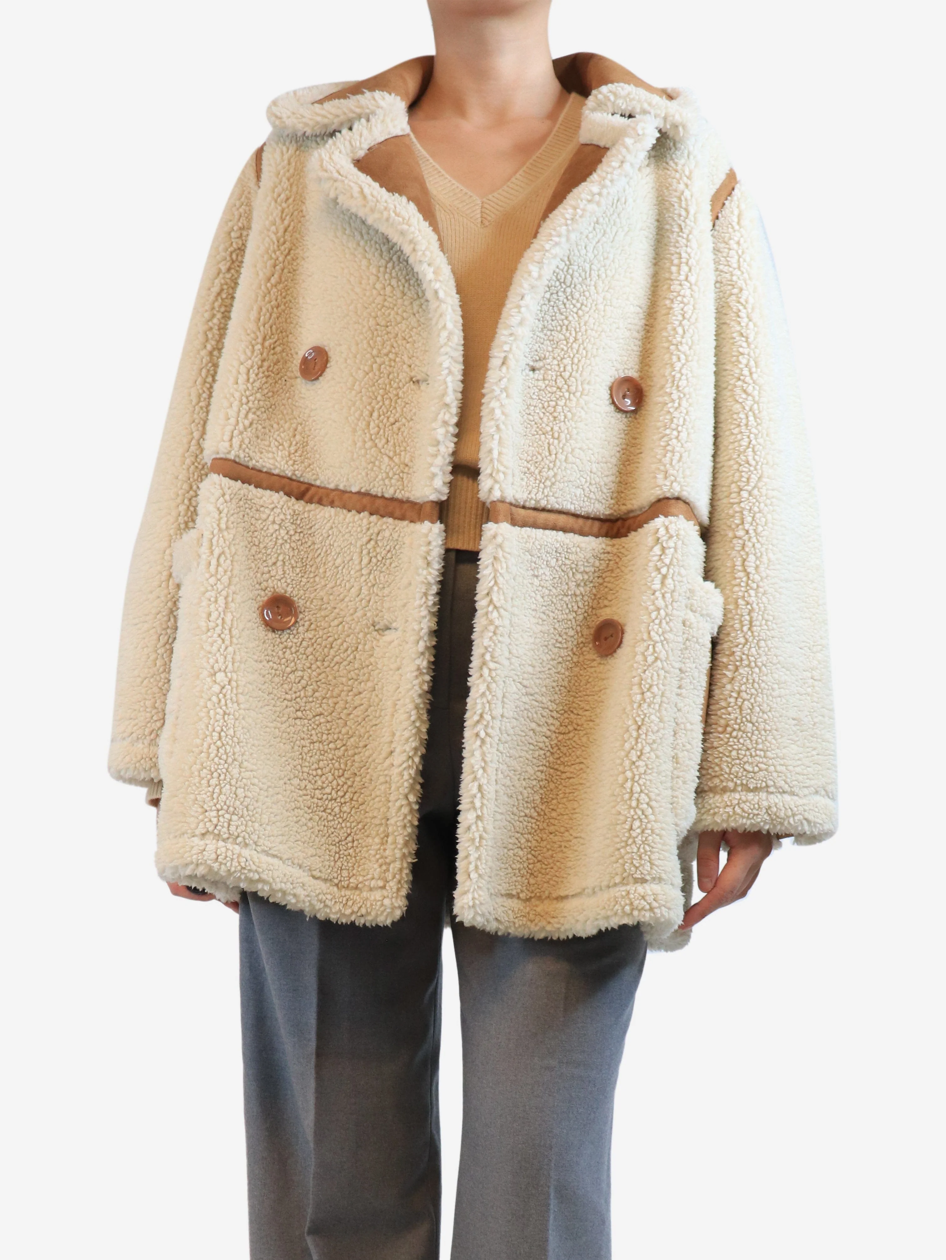 Cream faux shearling coat - size UK 10 - Image 4