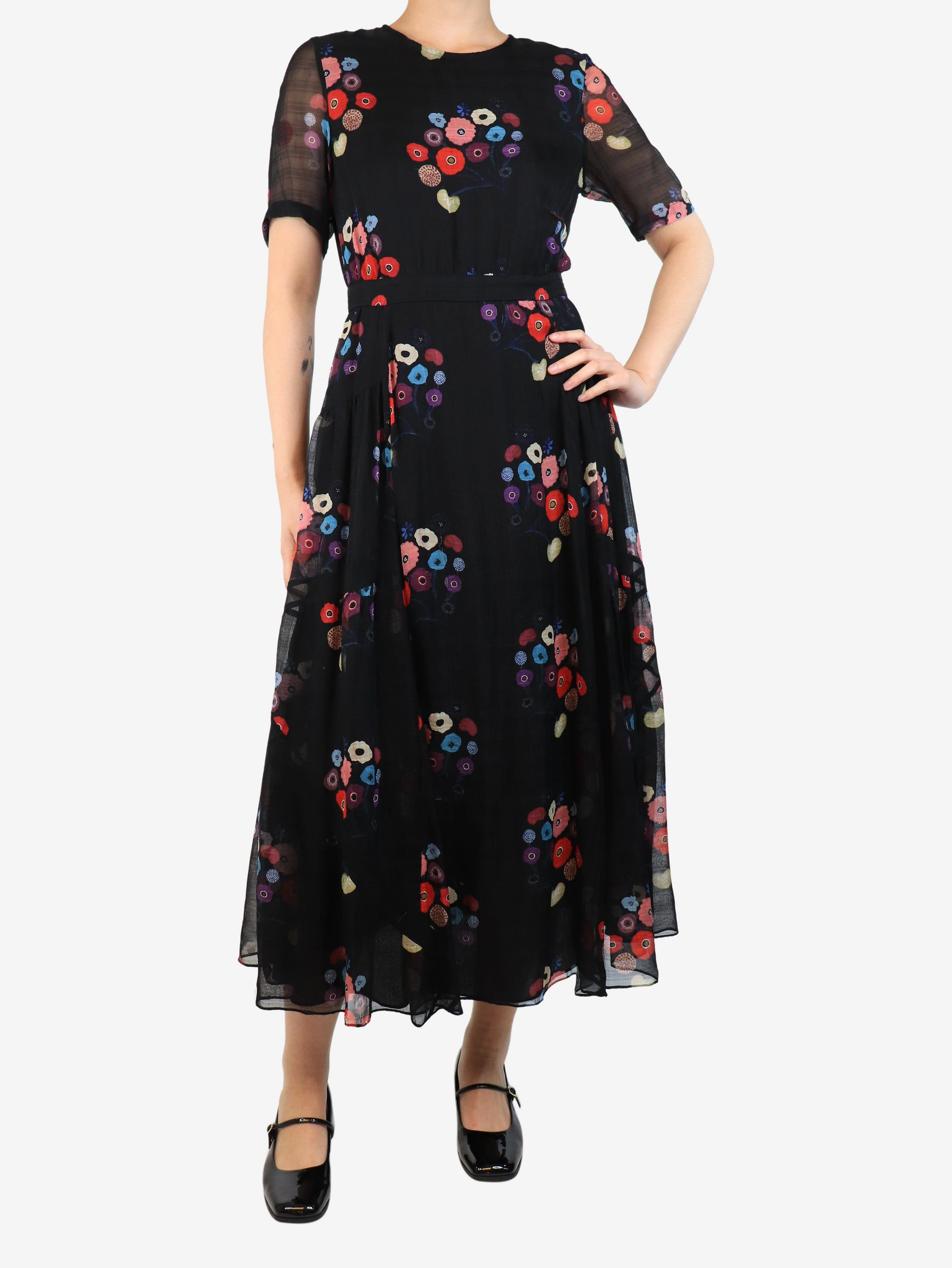 Black floral printed midi dress - size UK 8