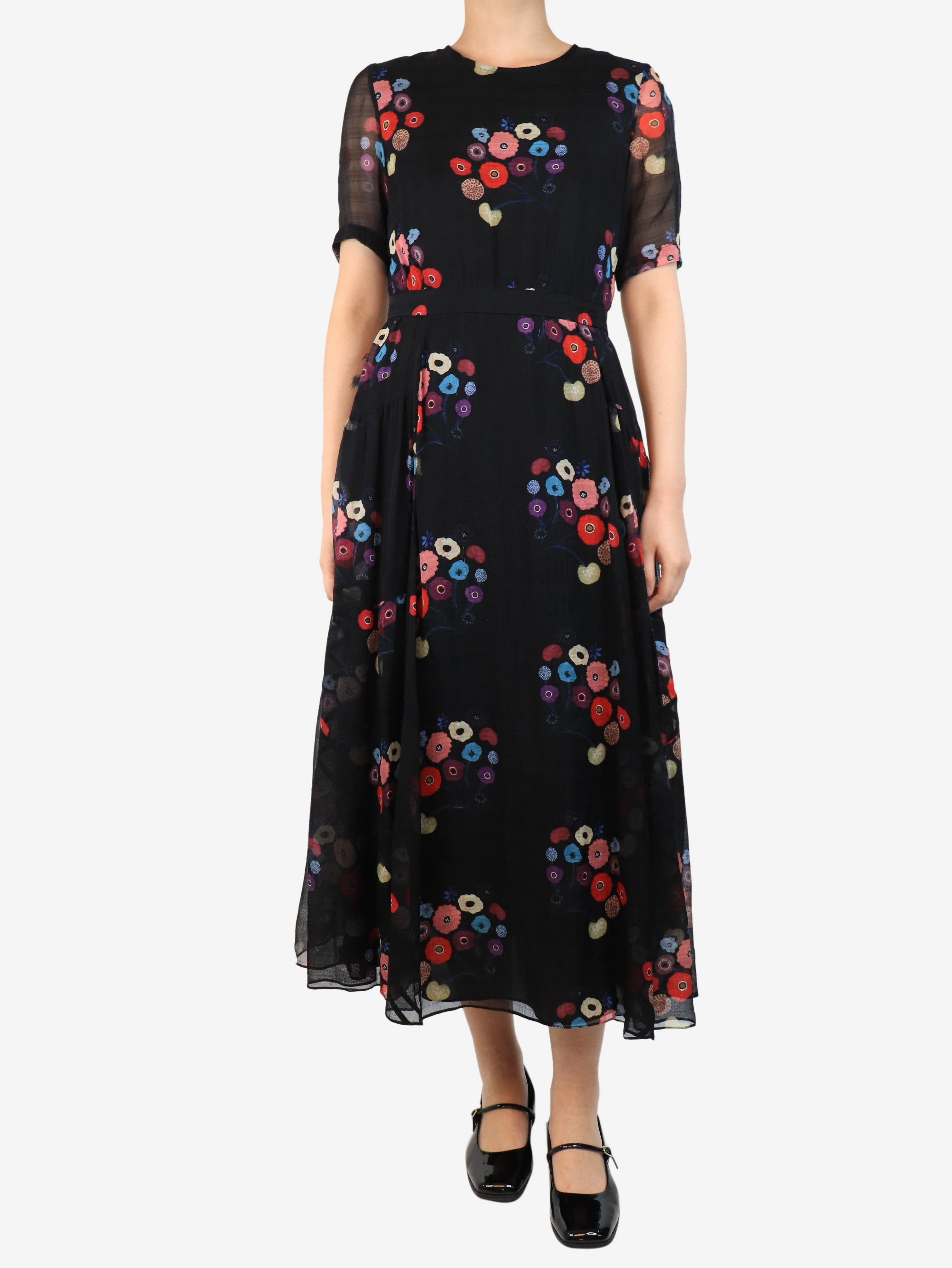 Black floral printed midi dress - size UK 8 - Image 3