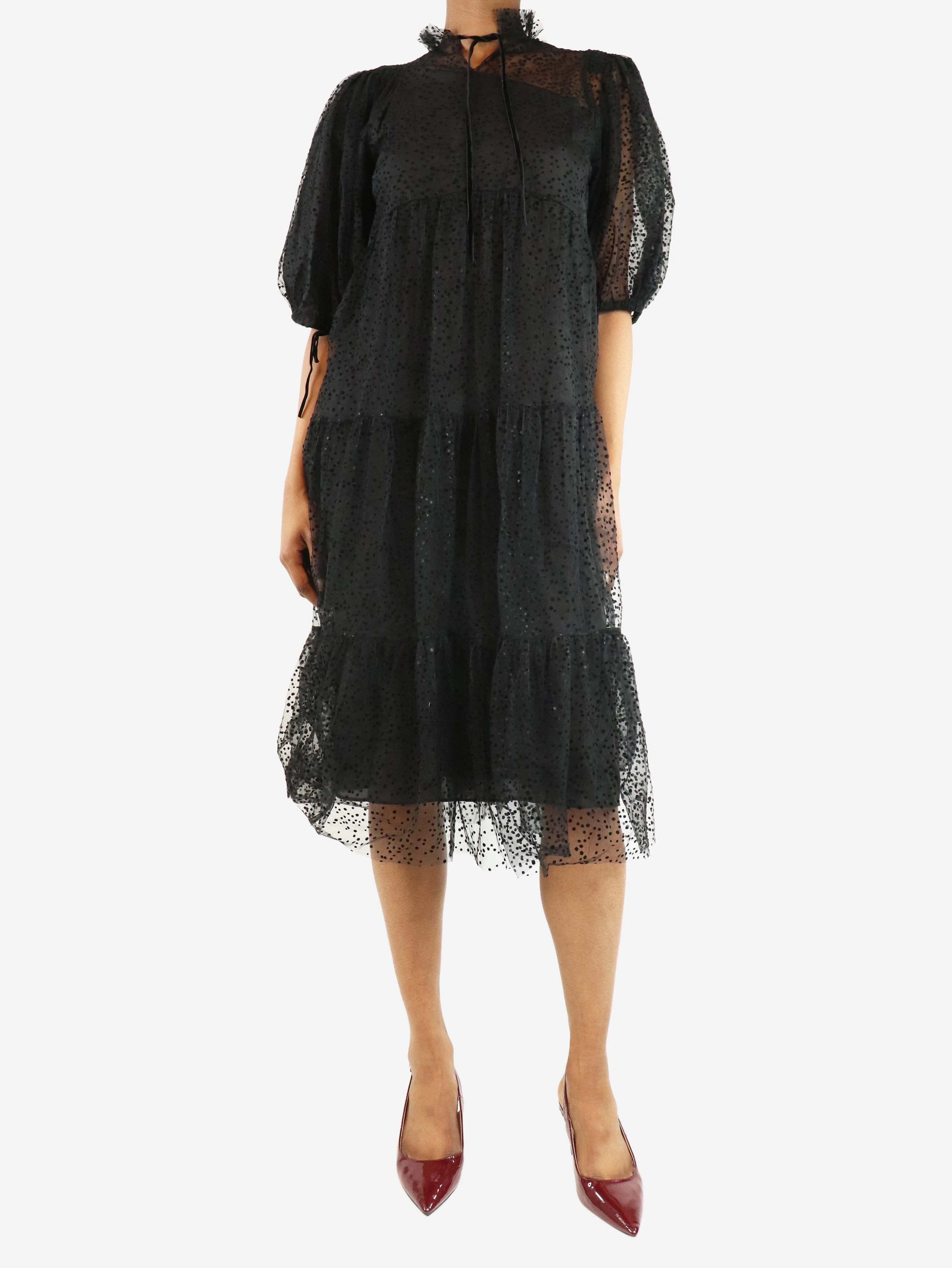 Black tulle polka dot midi dress - size UK 6