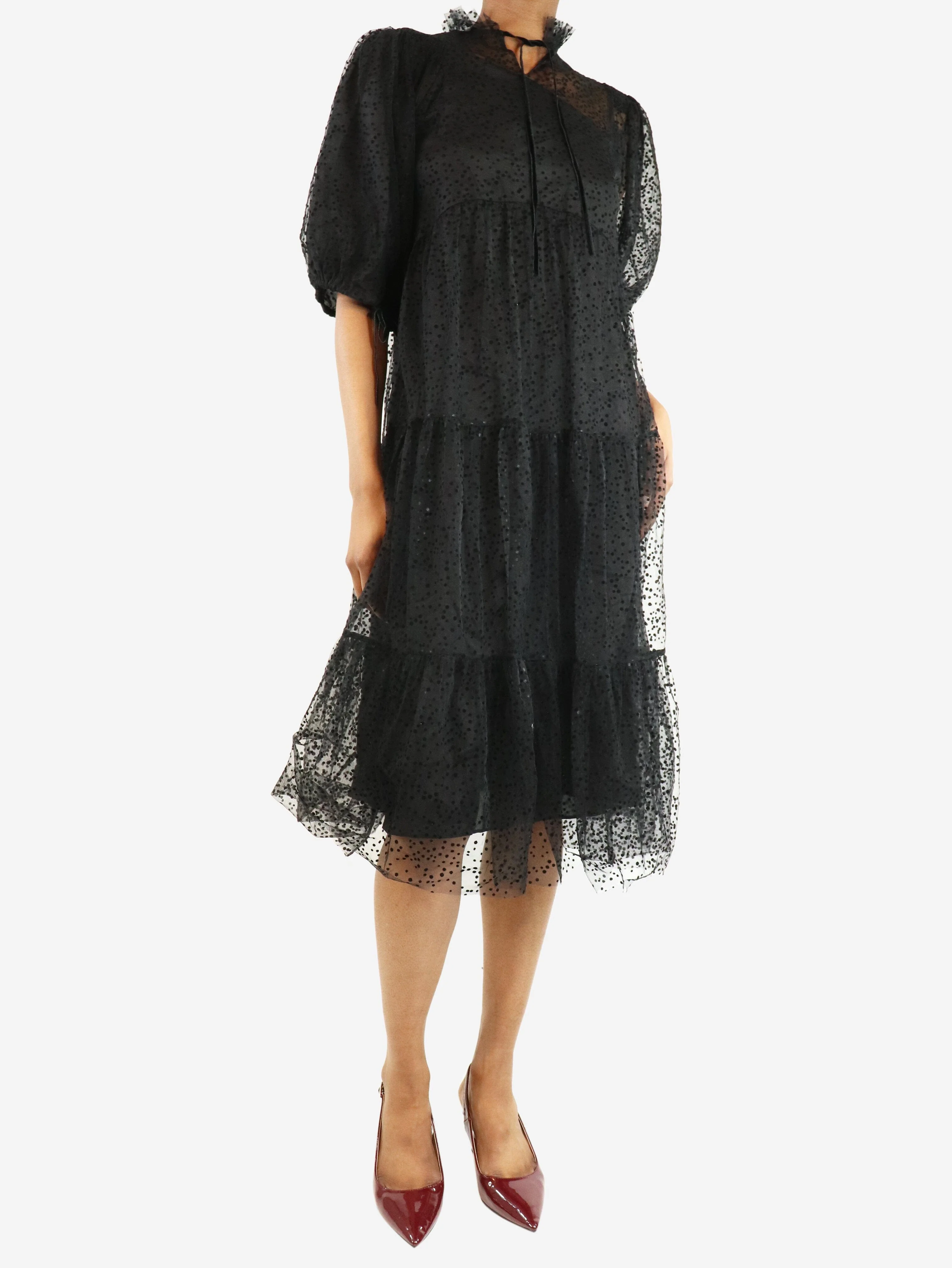 Black tulle polka dot midi dress - size UK 6 - Image 3