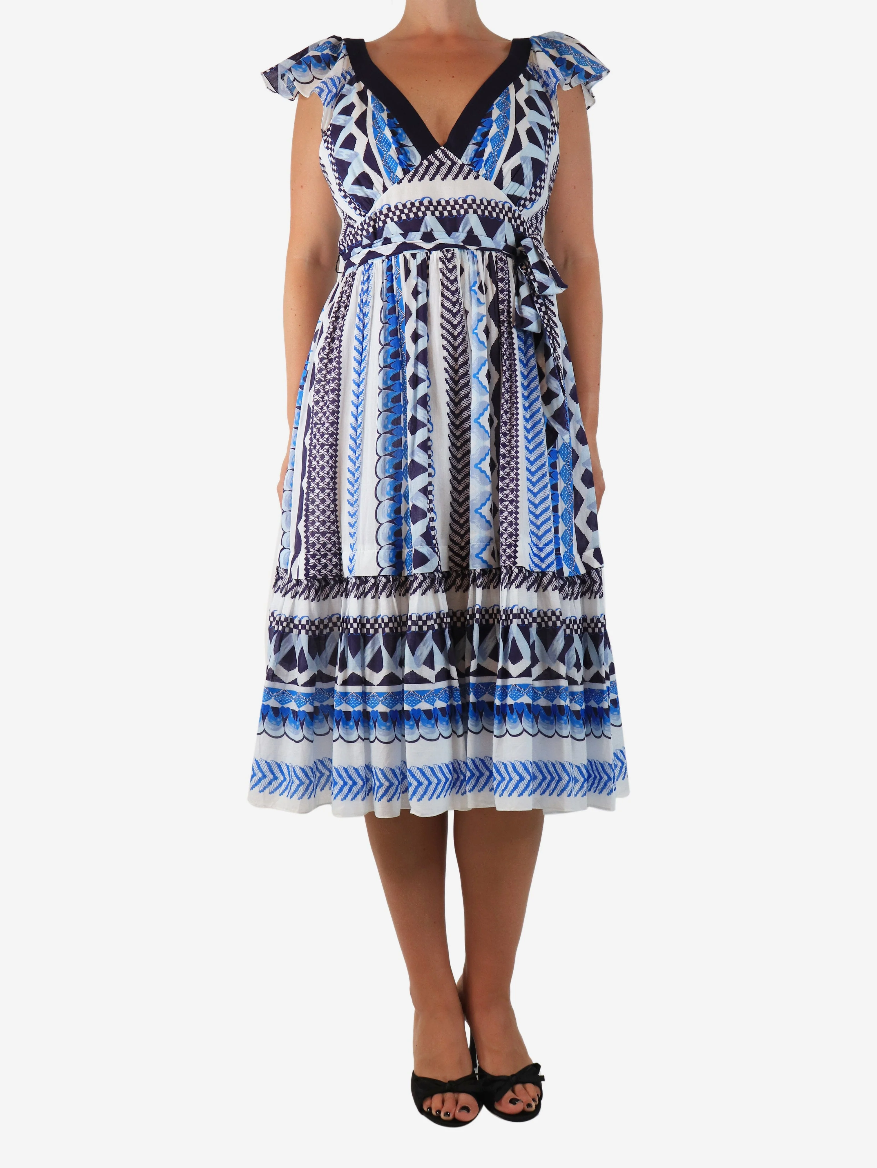 Blue and white cotton printed midi dress - size UK 12