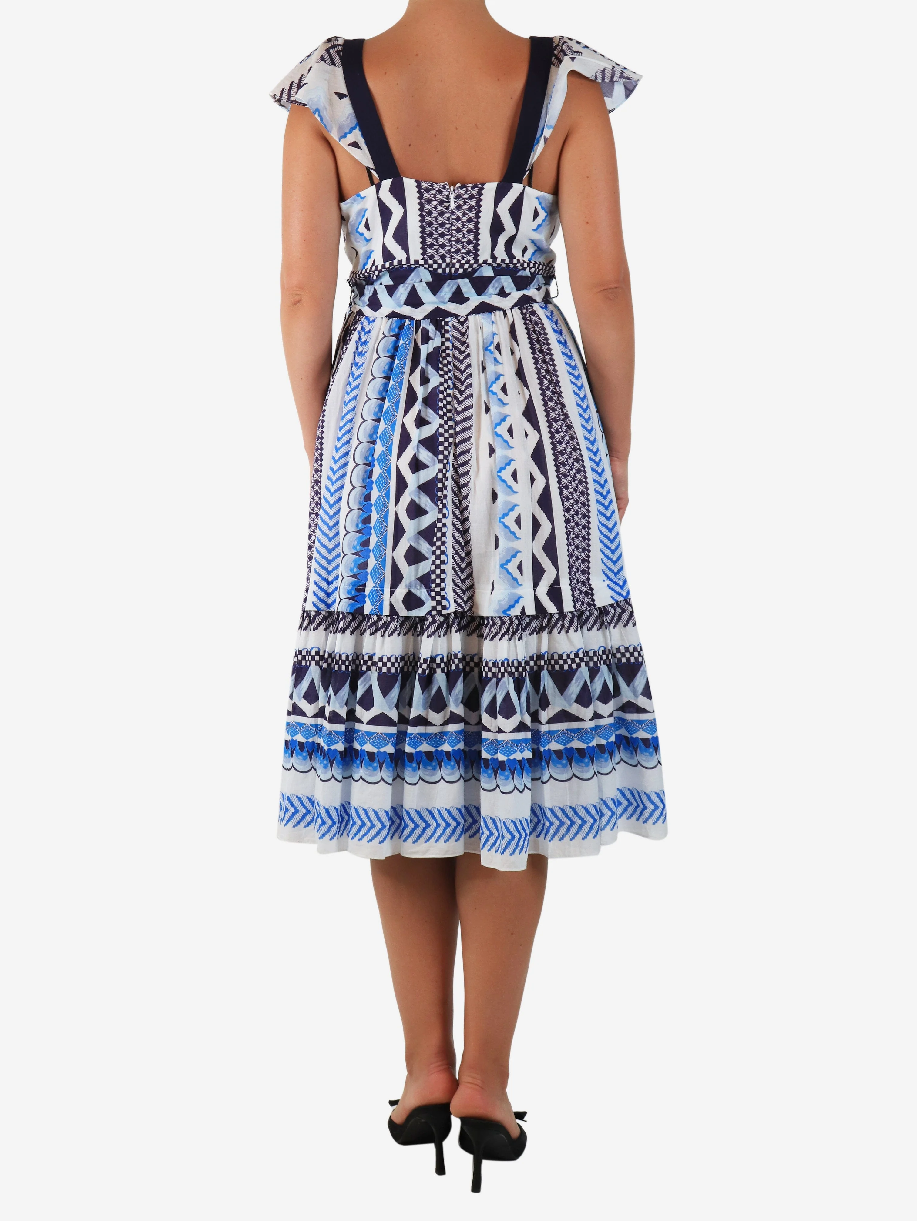Blue and white cotton printed midi dress - size UK 12 - Image 2