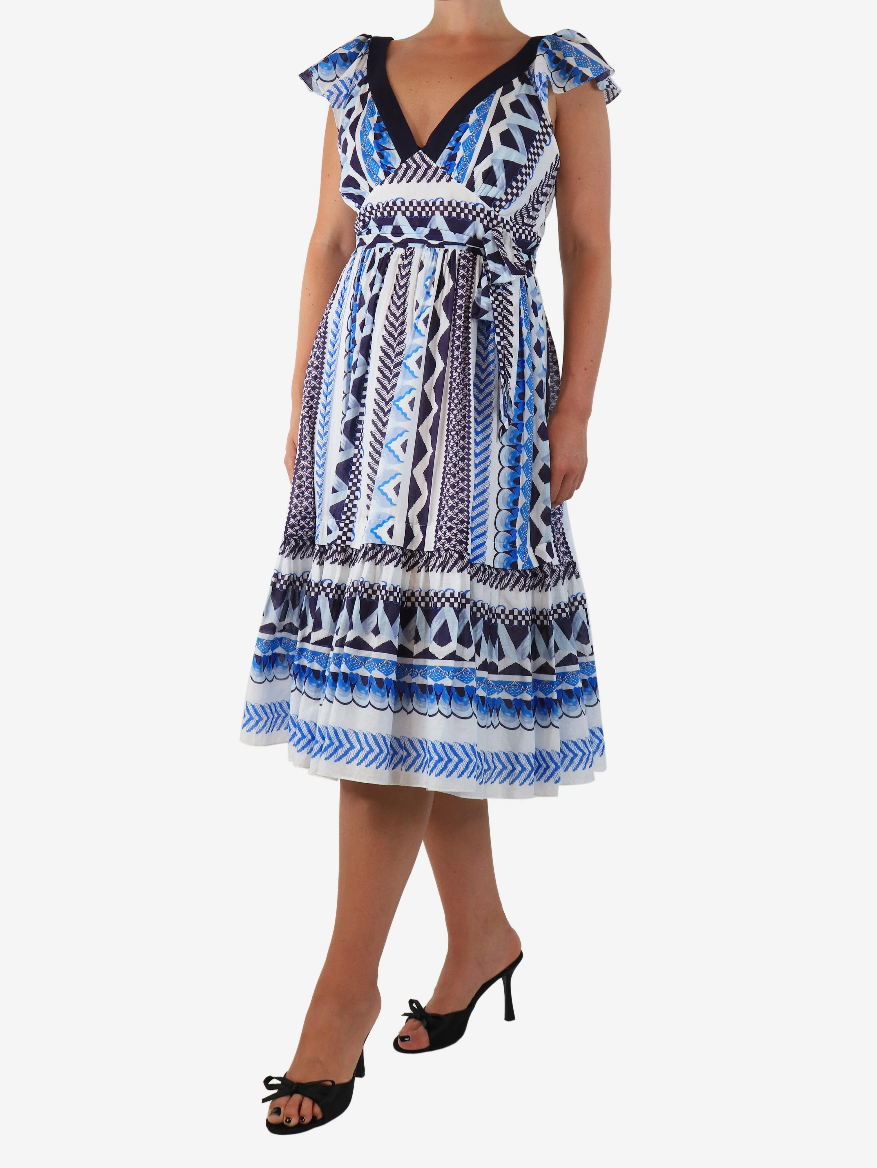 Blue and white cotton printed midi dress - size UK 12 - Image 3