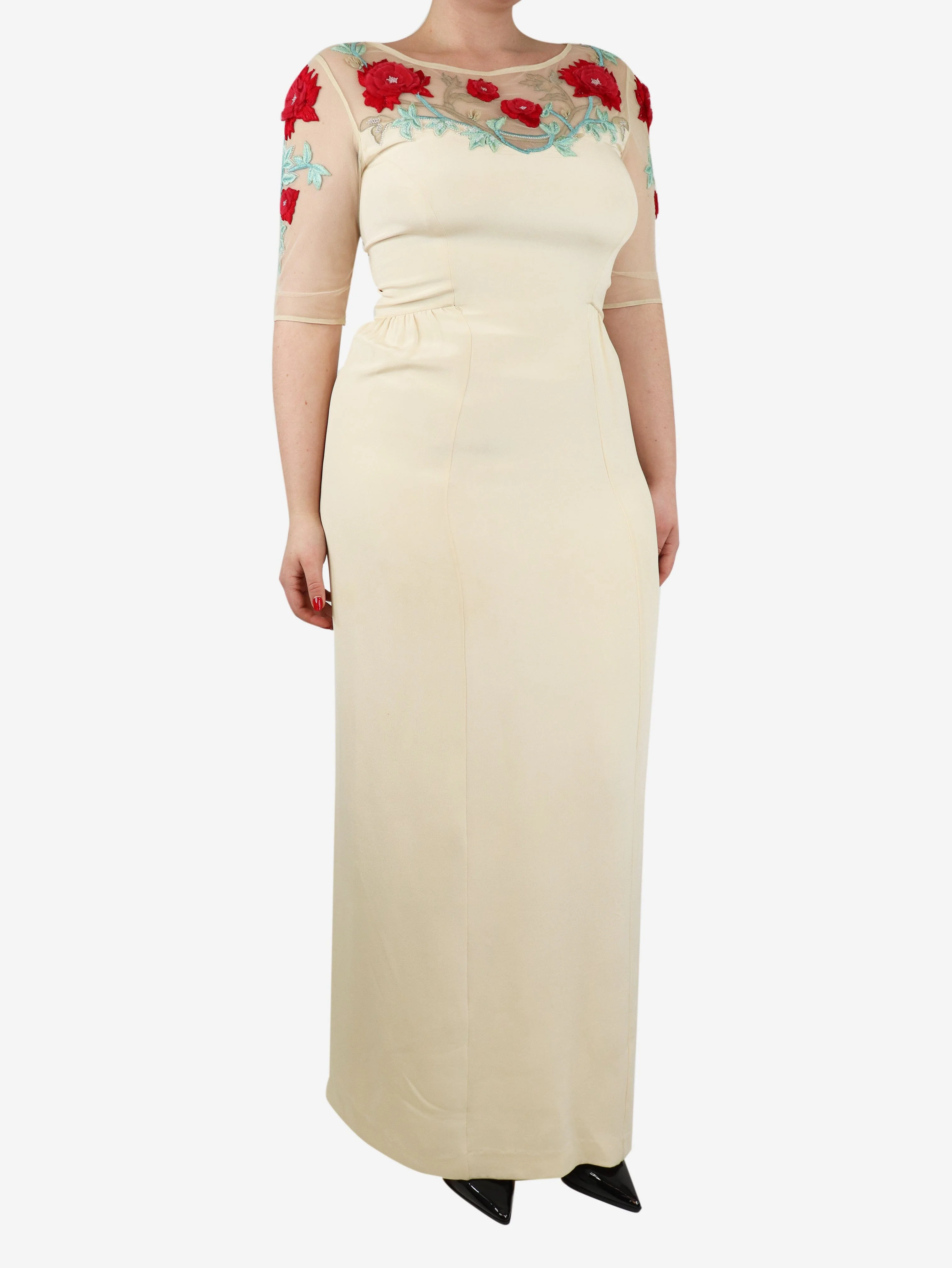 Cream silk floral embroidered maxi dress - size UK 12