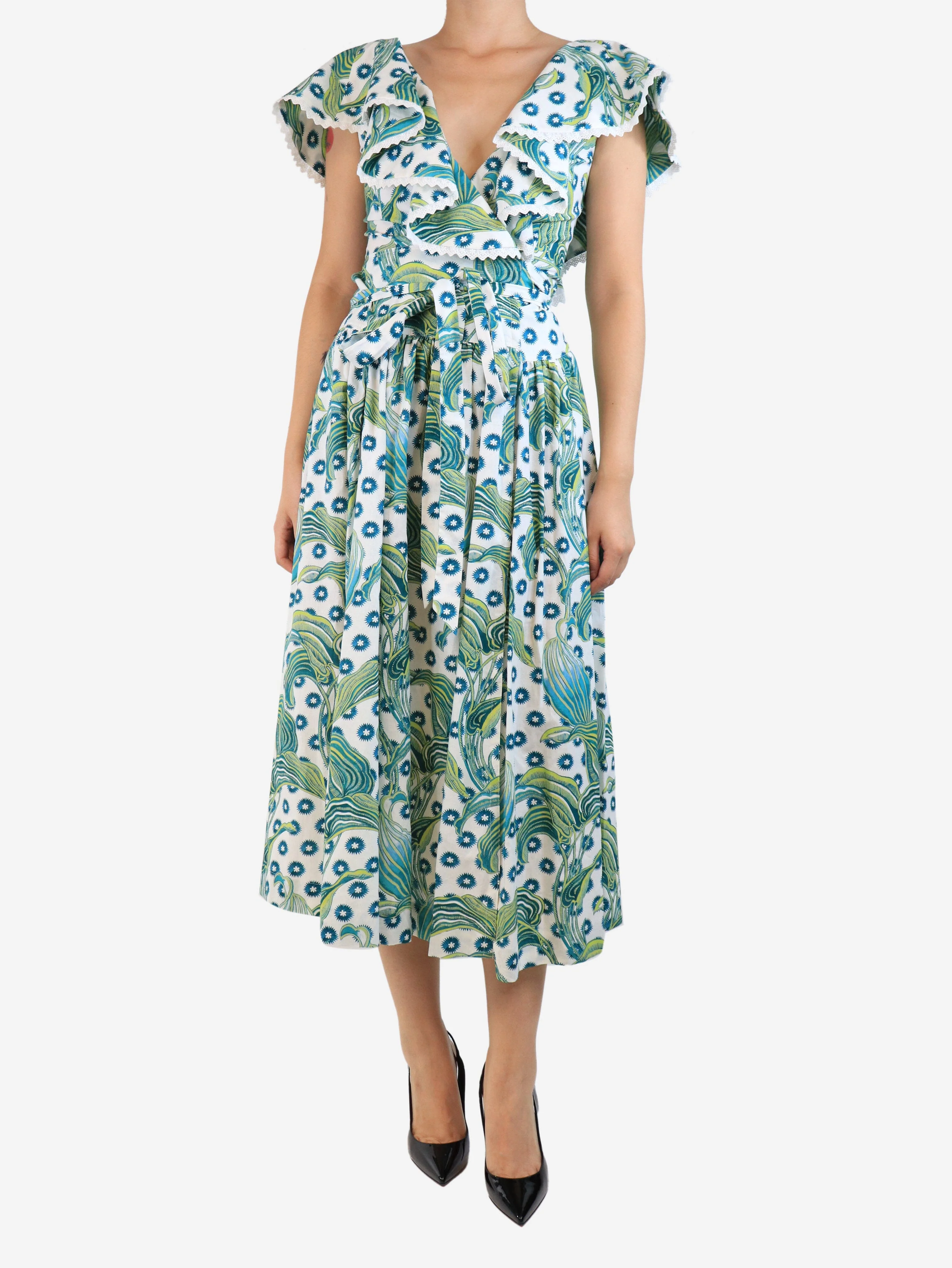Green and white Florrie wrap dress - size UK 8