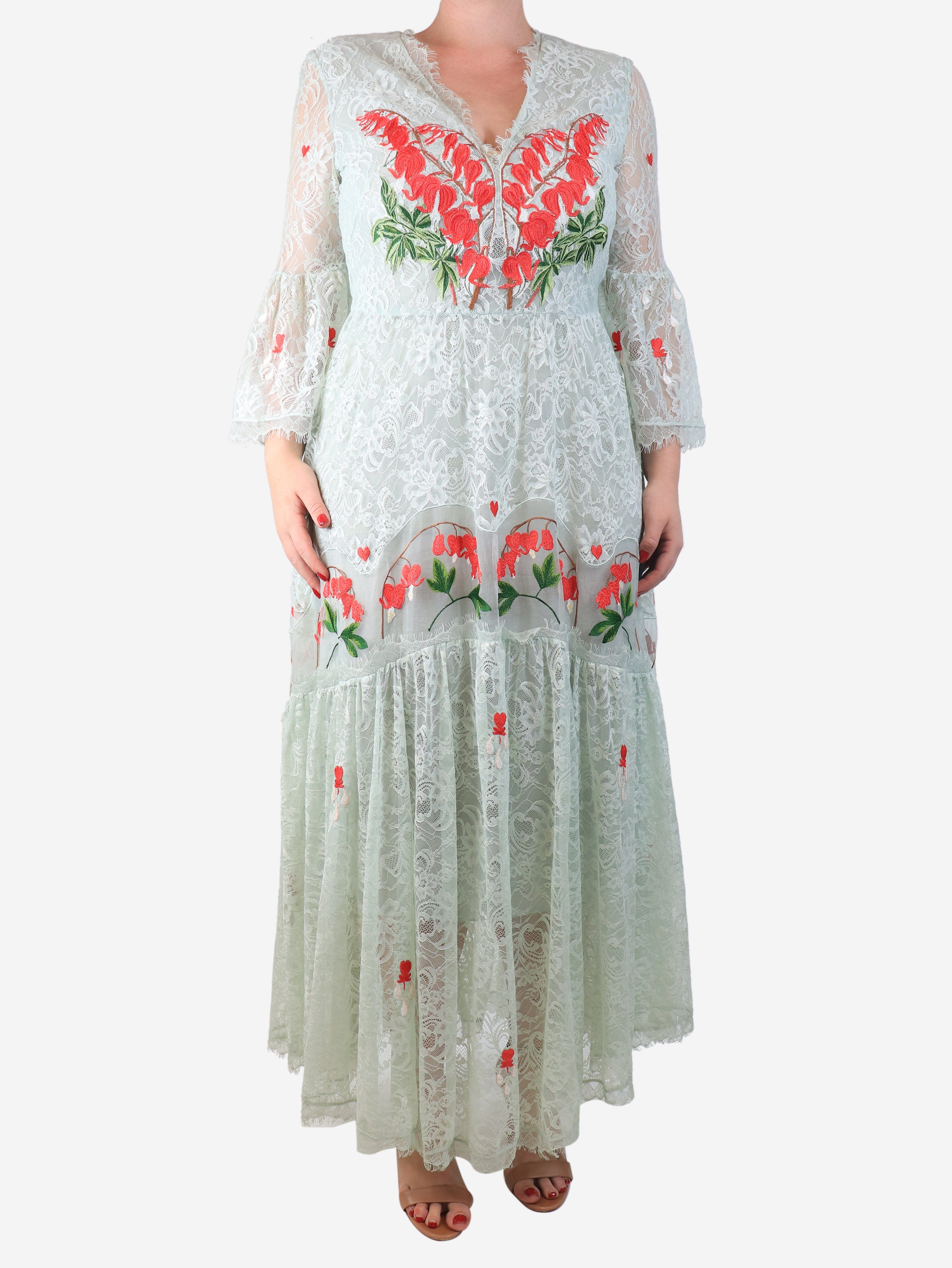 Light teal lace embroidered maxi dress - size UK 14