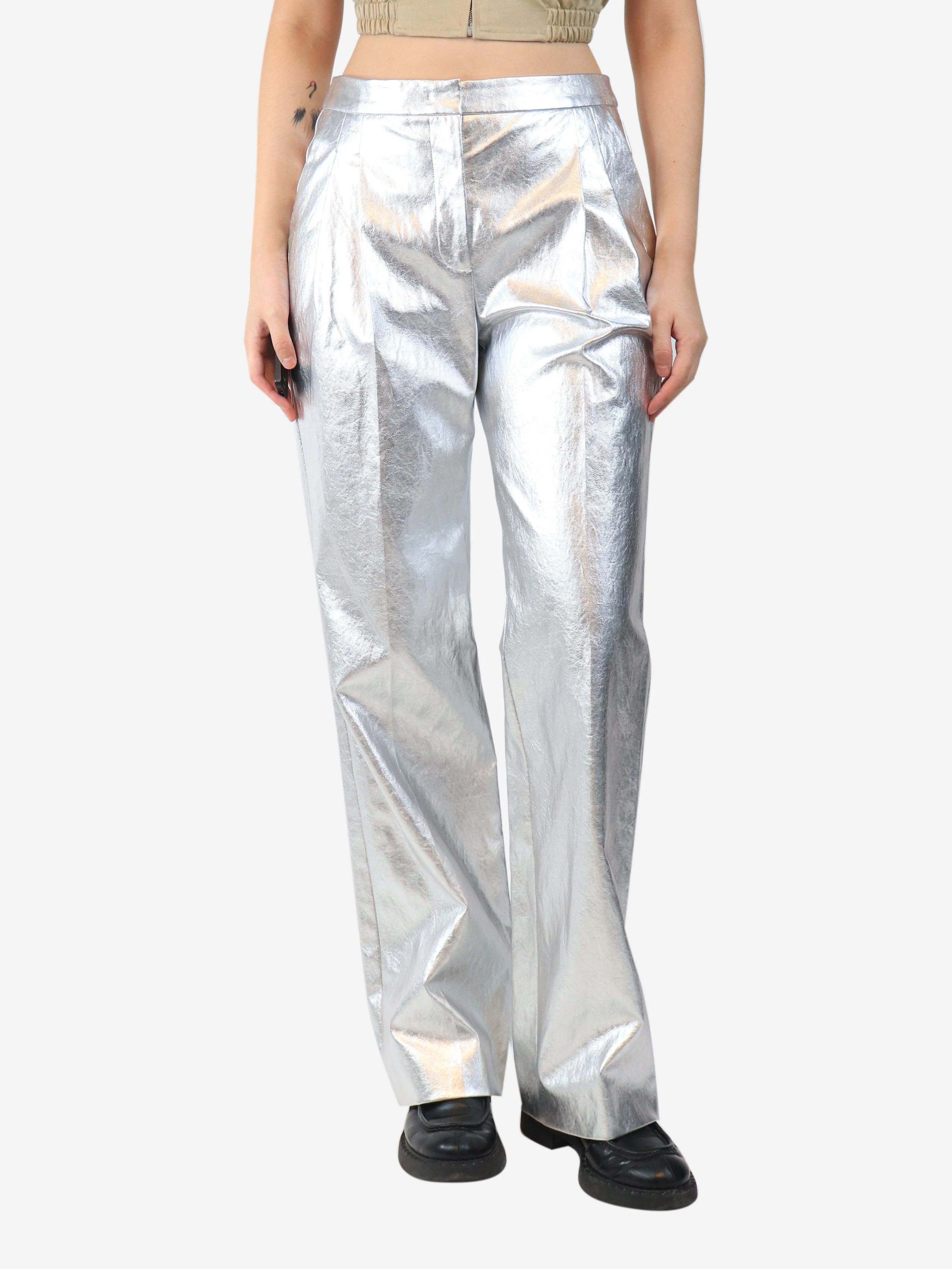 Silver metallic faux leather trousers - size UK 8