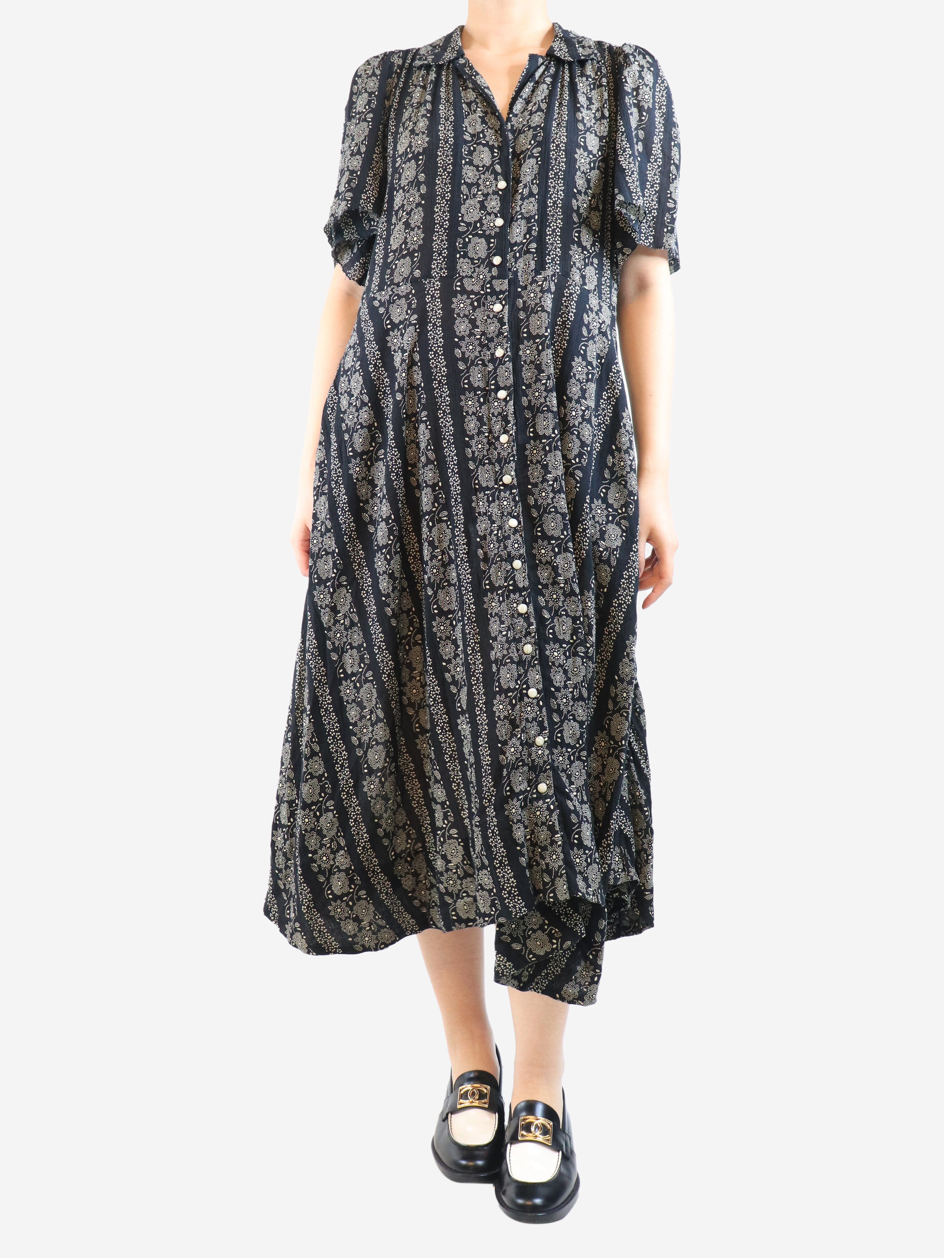 Black cotton printed midi dress - size UK 12