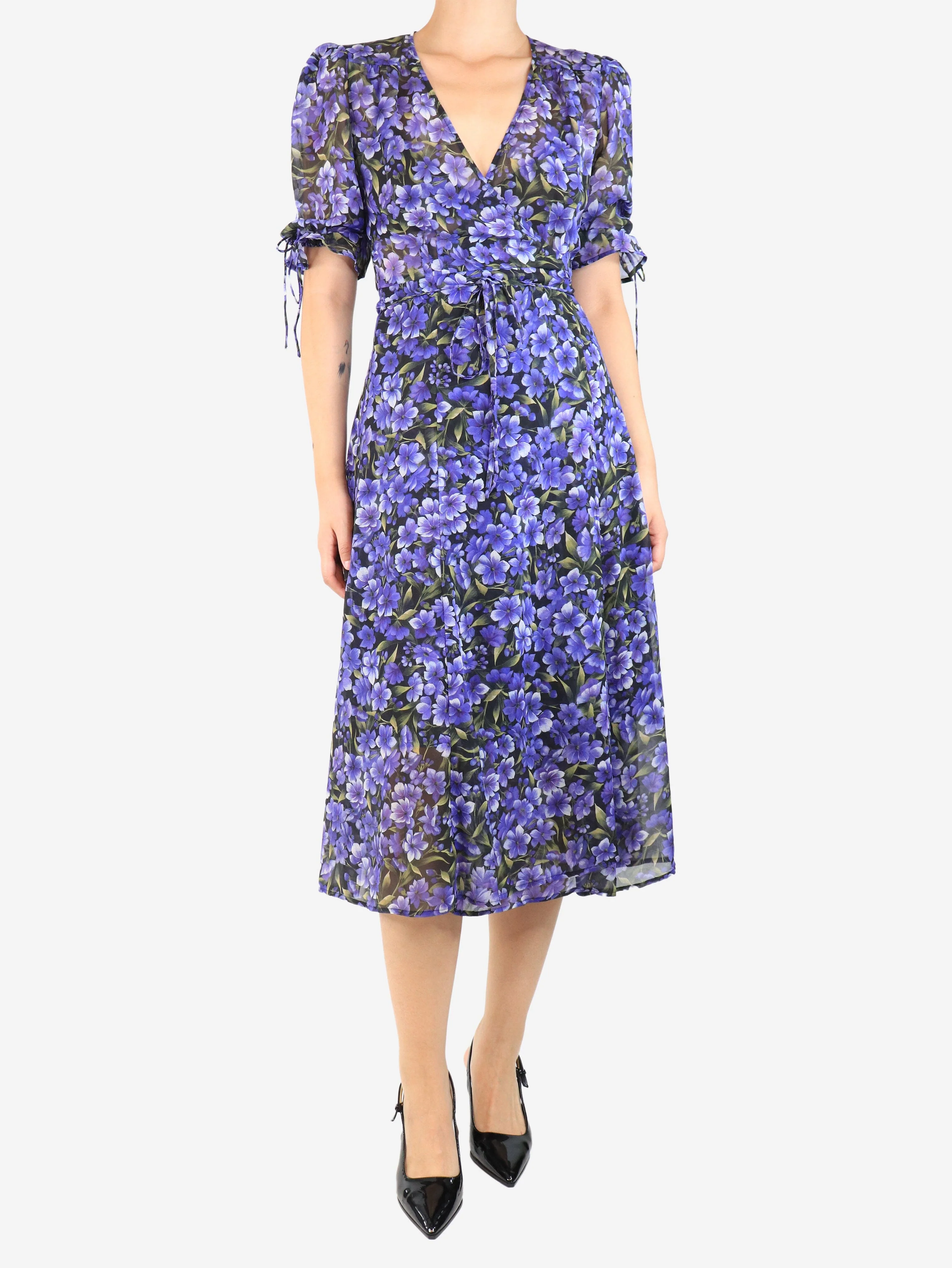 Purple floral printed midi wrap dress - size UK 10 - Image 3