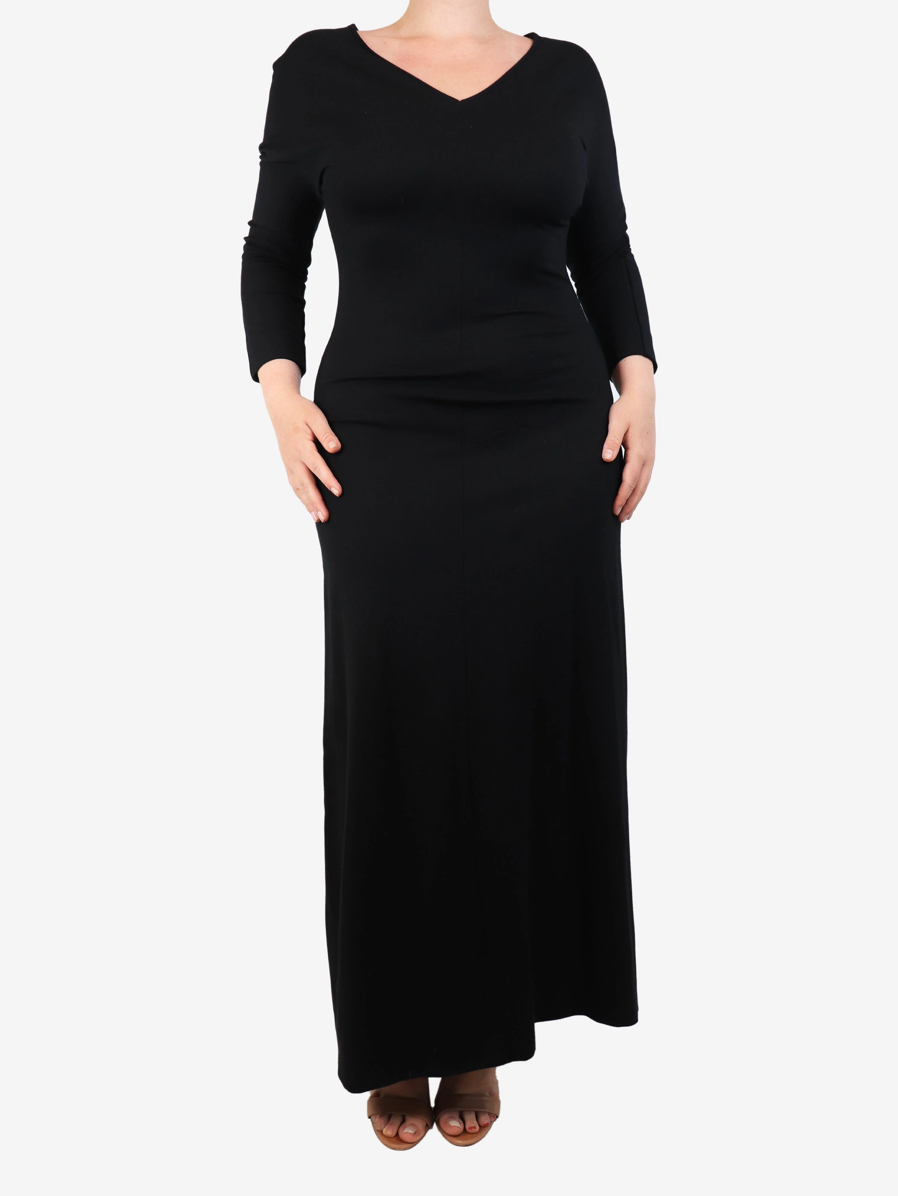 Black long-sleeved v-neck midi dress - size M