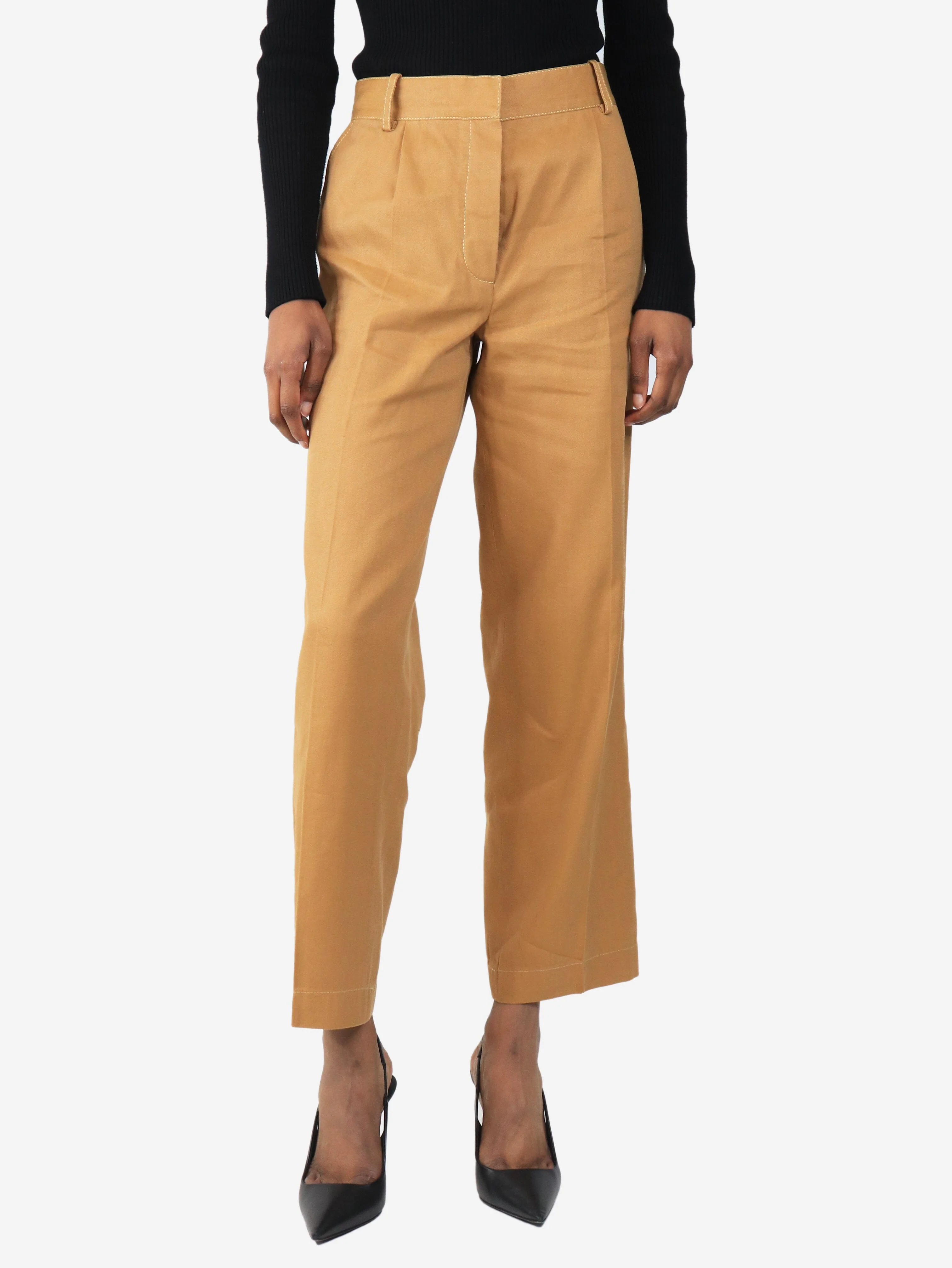 Brown linen-blend trousers - size UK 6