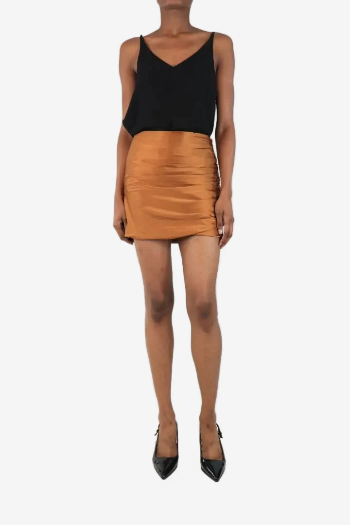 Brown silk ruched mini skirt - size UK 6