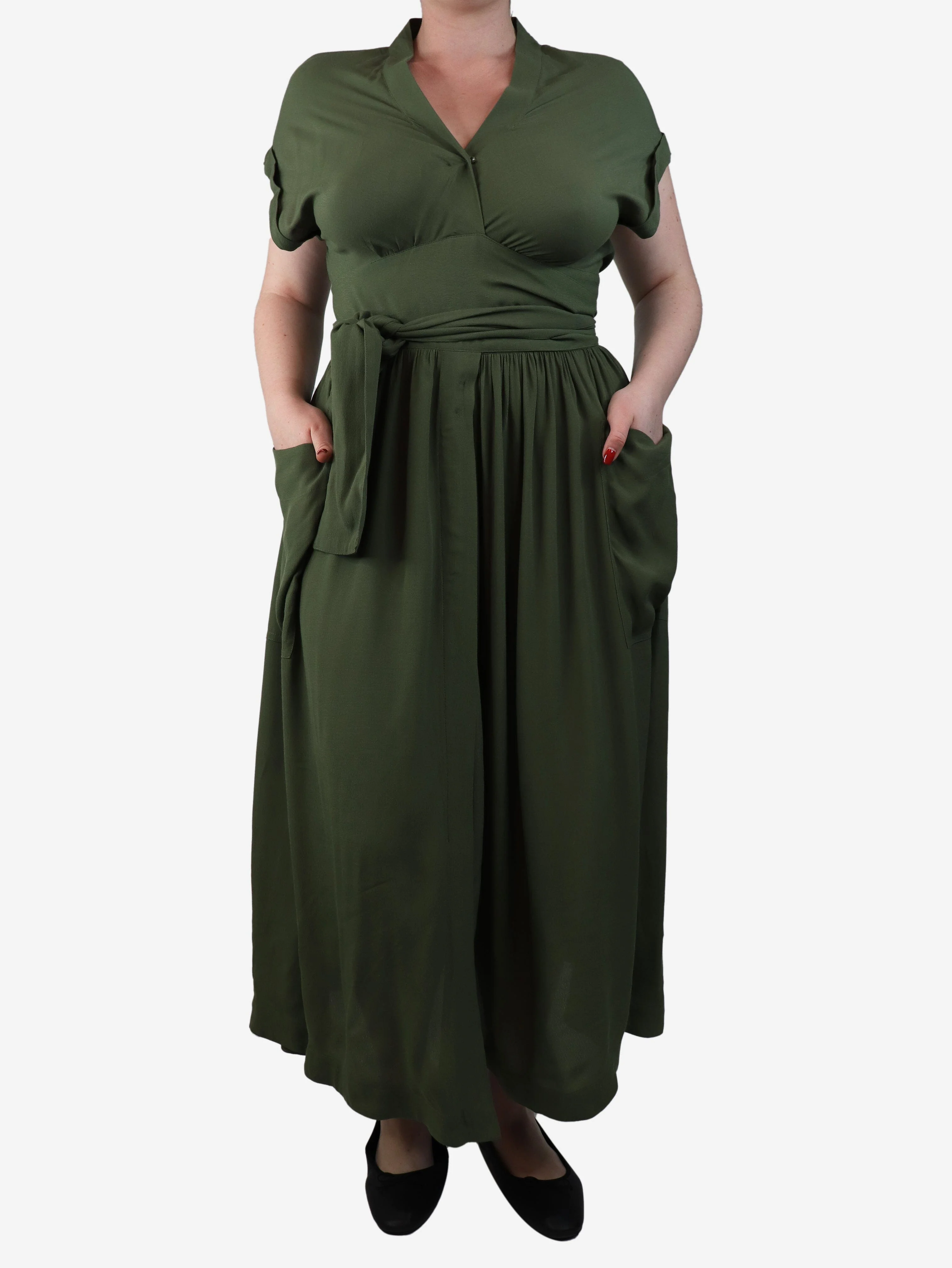 Olive green midi wrap dress - size UK 14