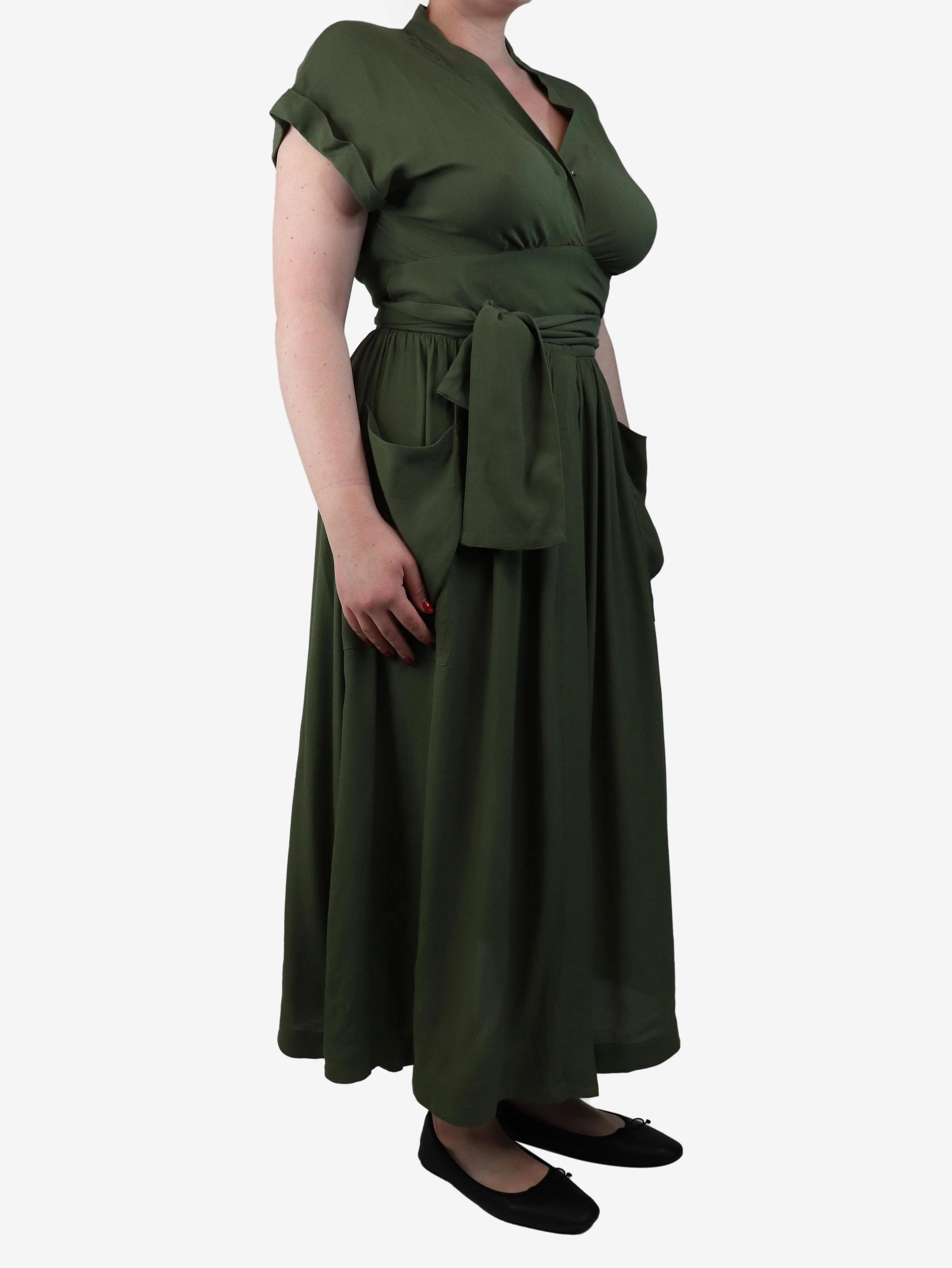 Olive green midi wrap dress - size UK 14 - Image 3