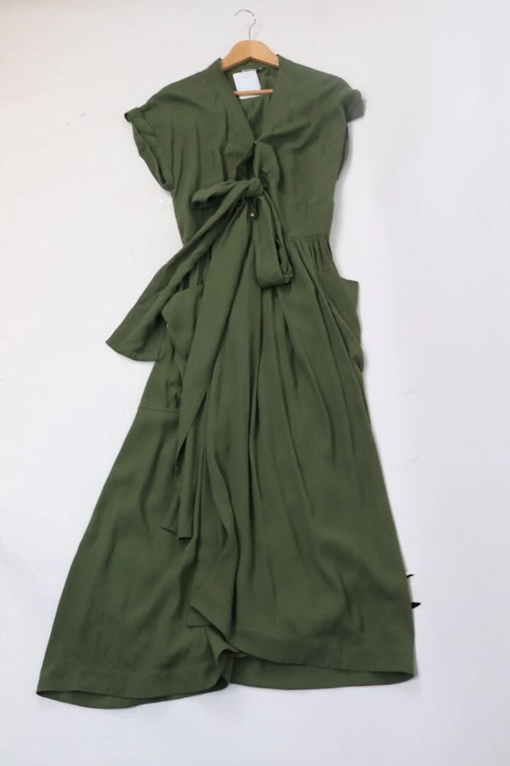 Olive green midi wrap dress - size UK 14 - Image 4