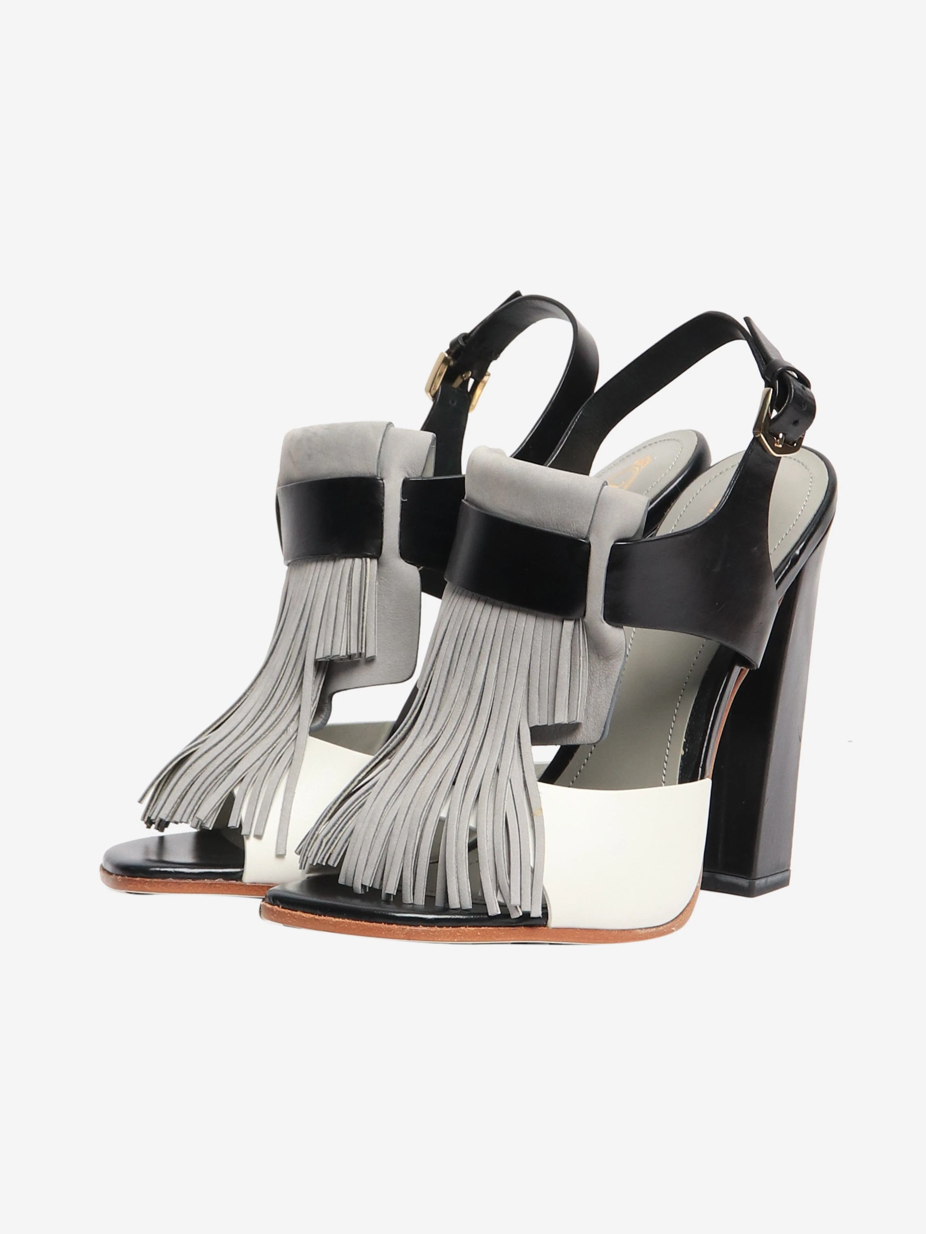Grey and black leather fringe detail sandals - size EU 37.5 (UK 4.5) - Image 2