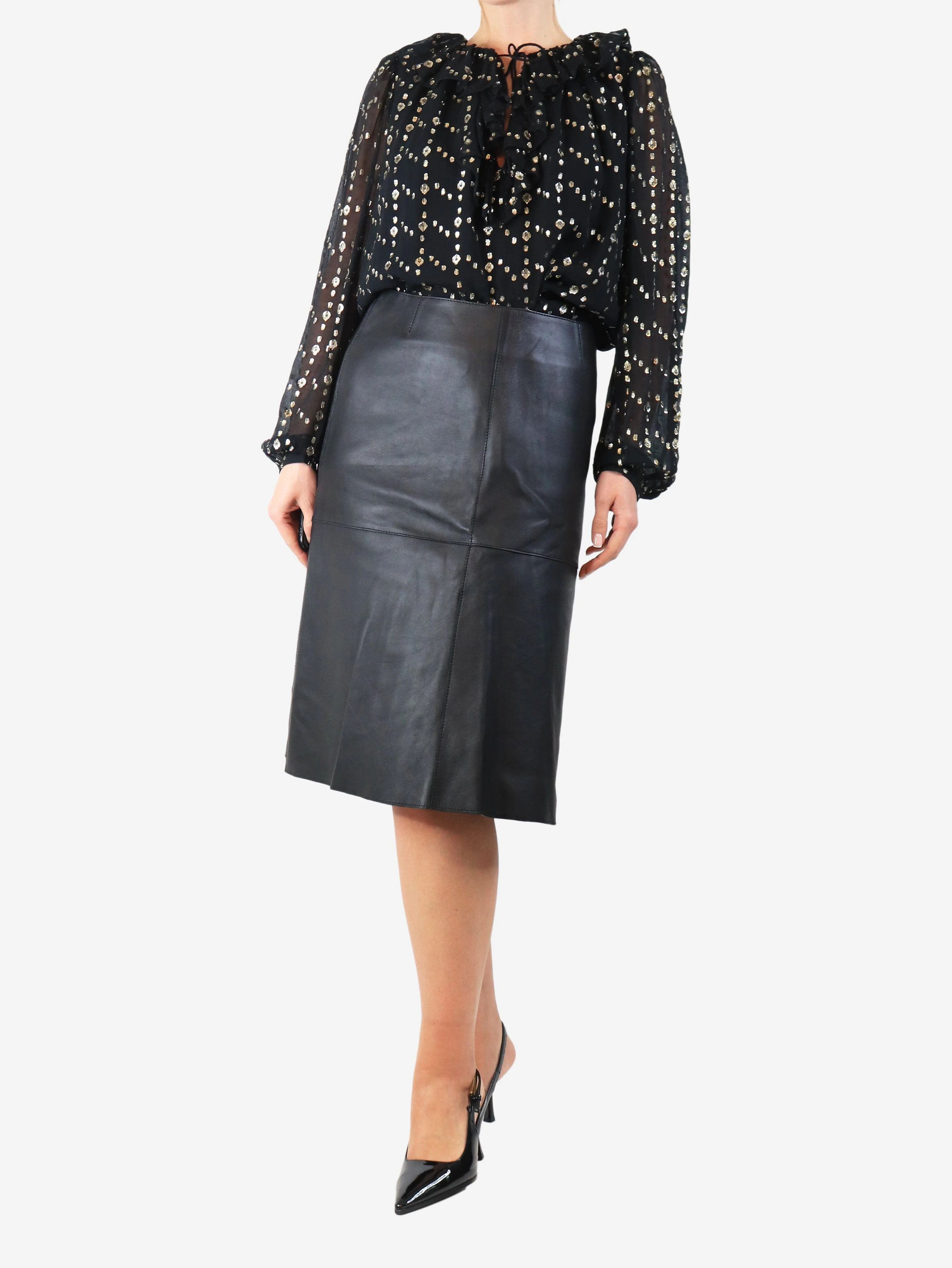 Black leather midi skirt - size - Image 2