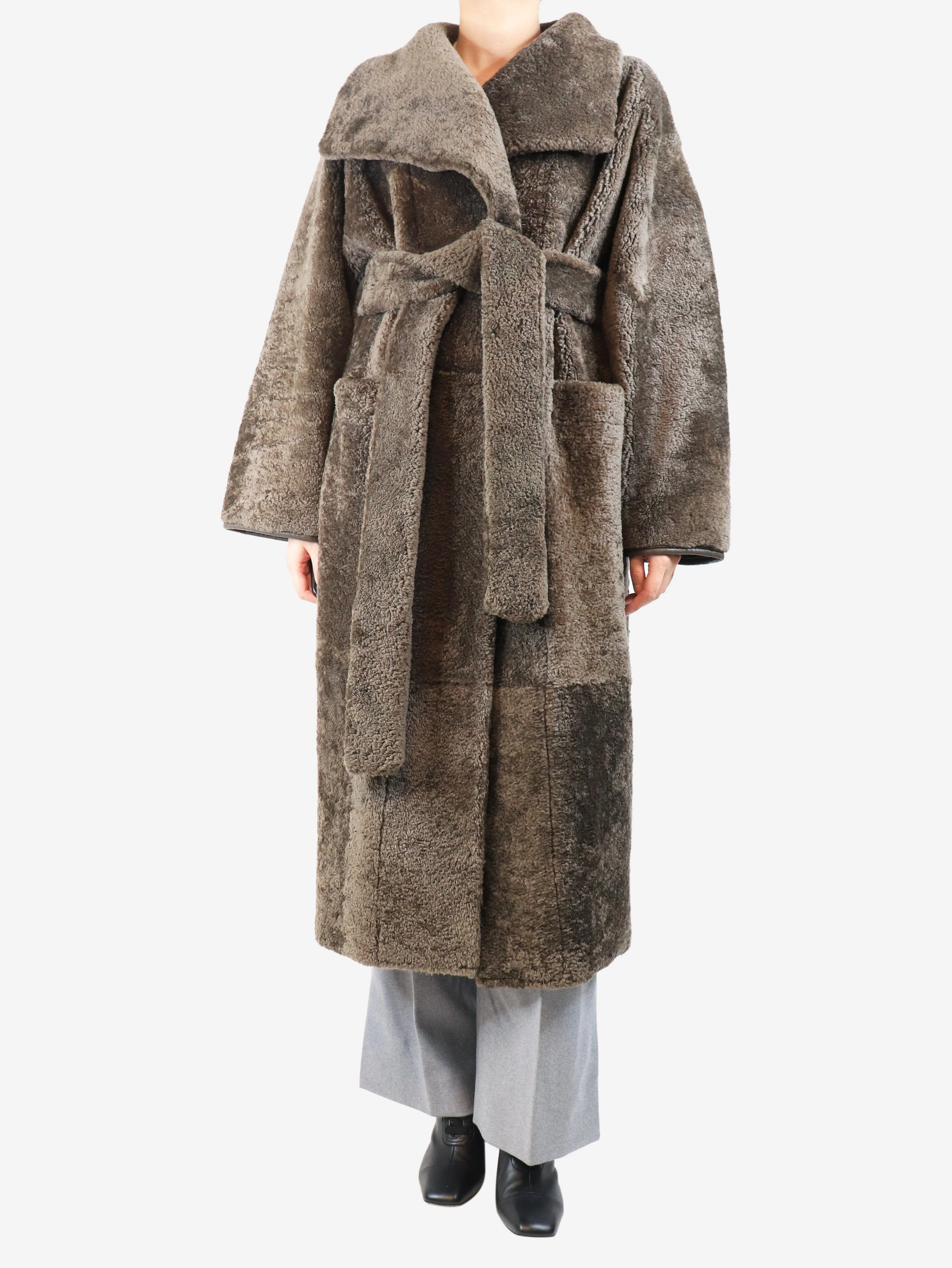 Khaki belted teddy shearling coat - size UK 6