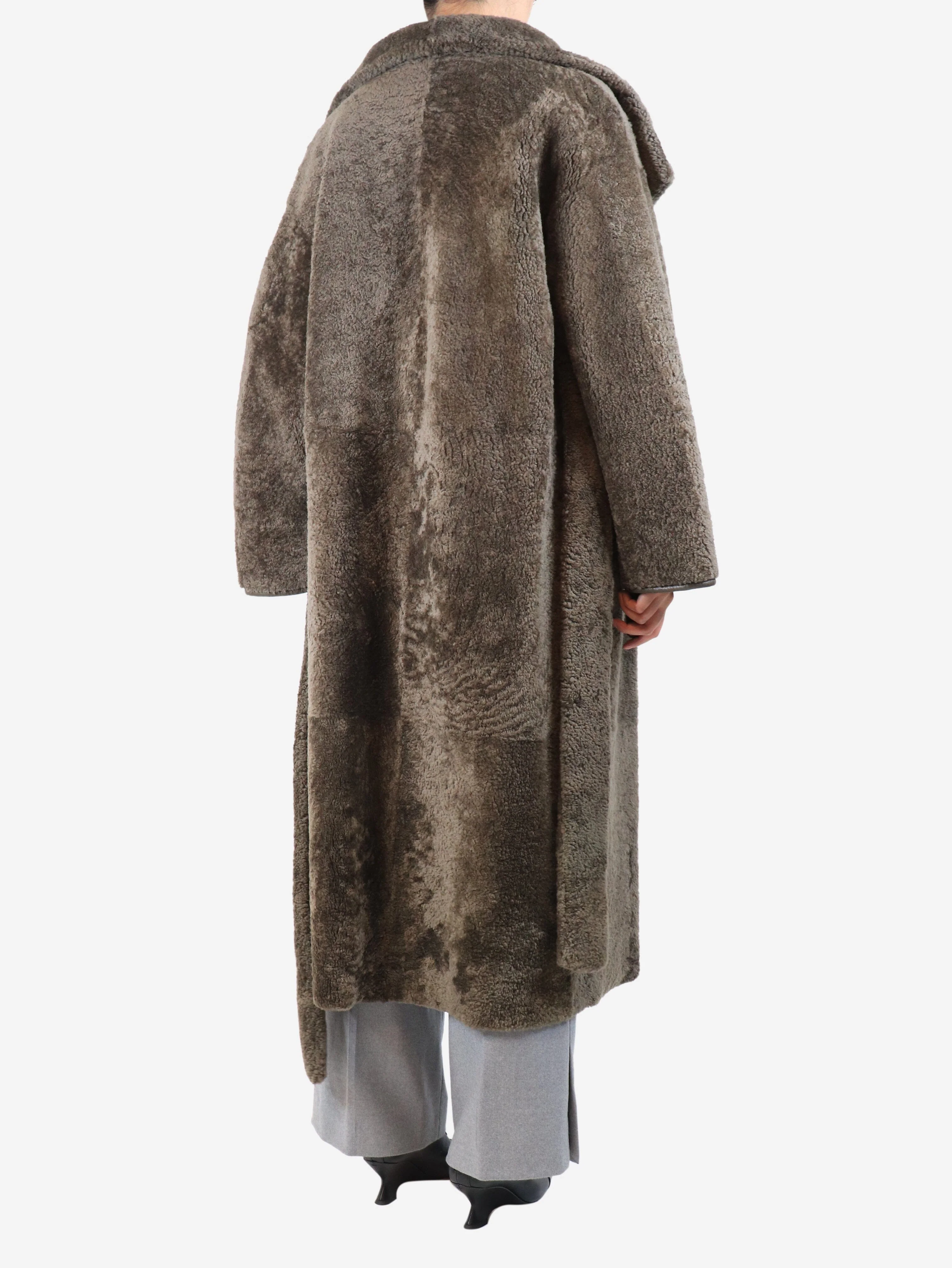 Khaki belted teddy shearling coat - size UK 6 - Image 2