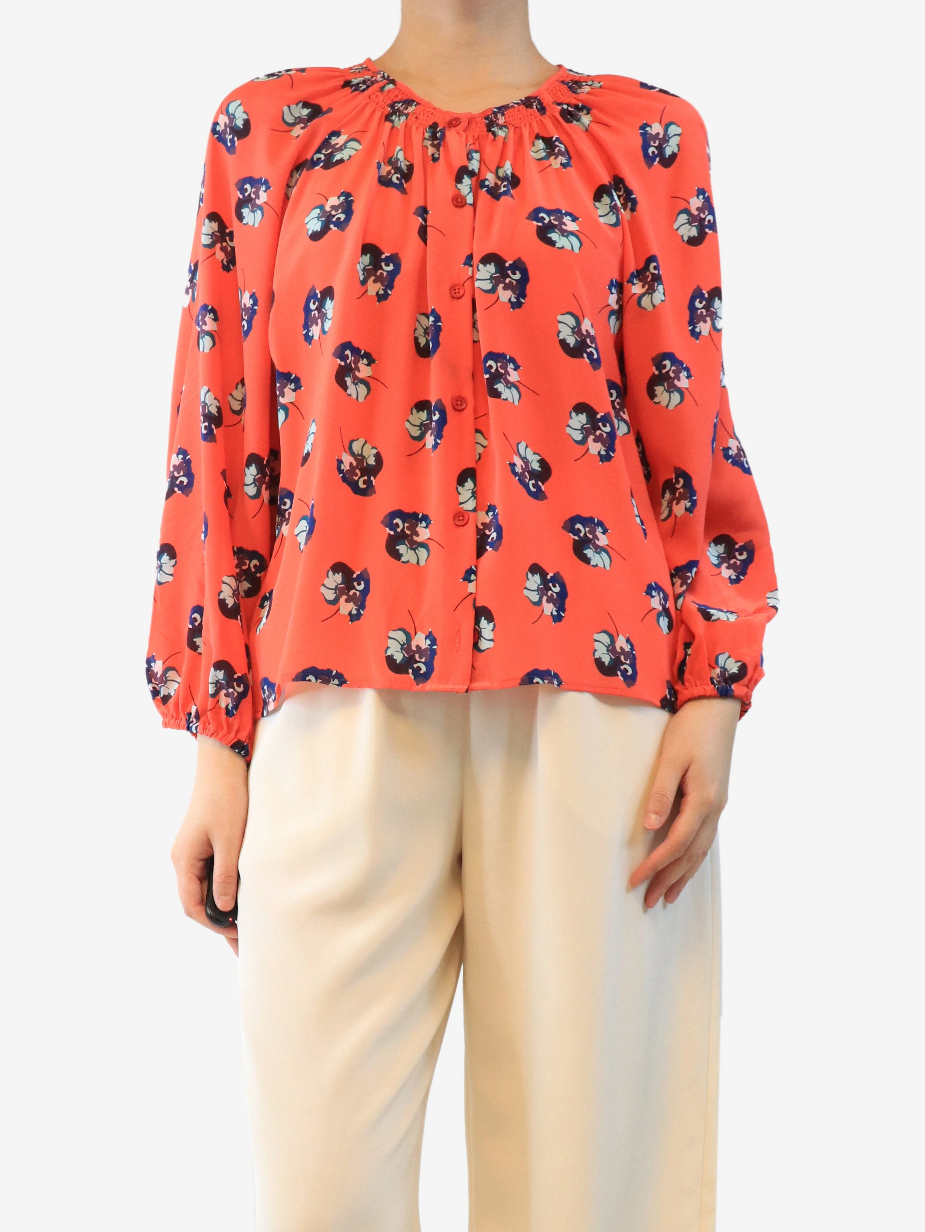 Red silk floral blouse - size M