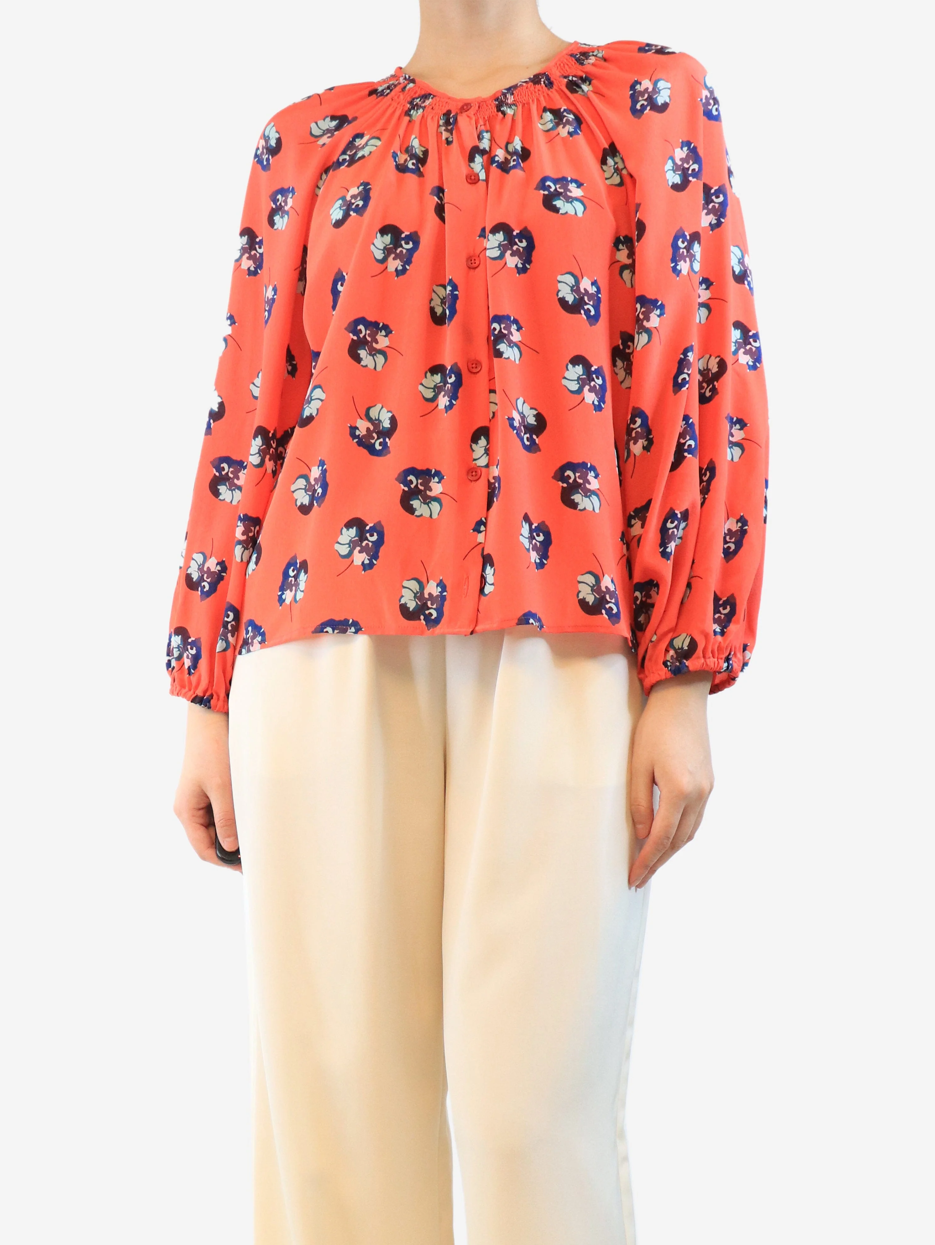 Red silk floral blouse - size M - Image 3