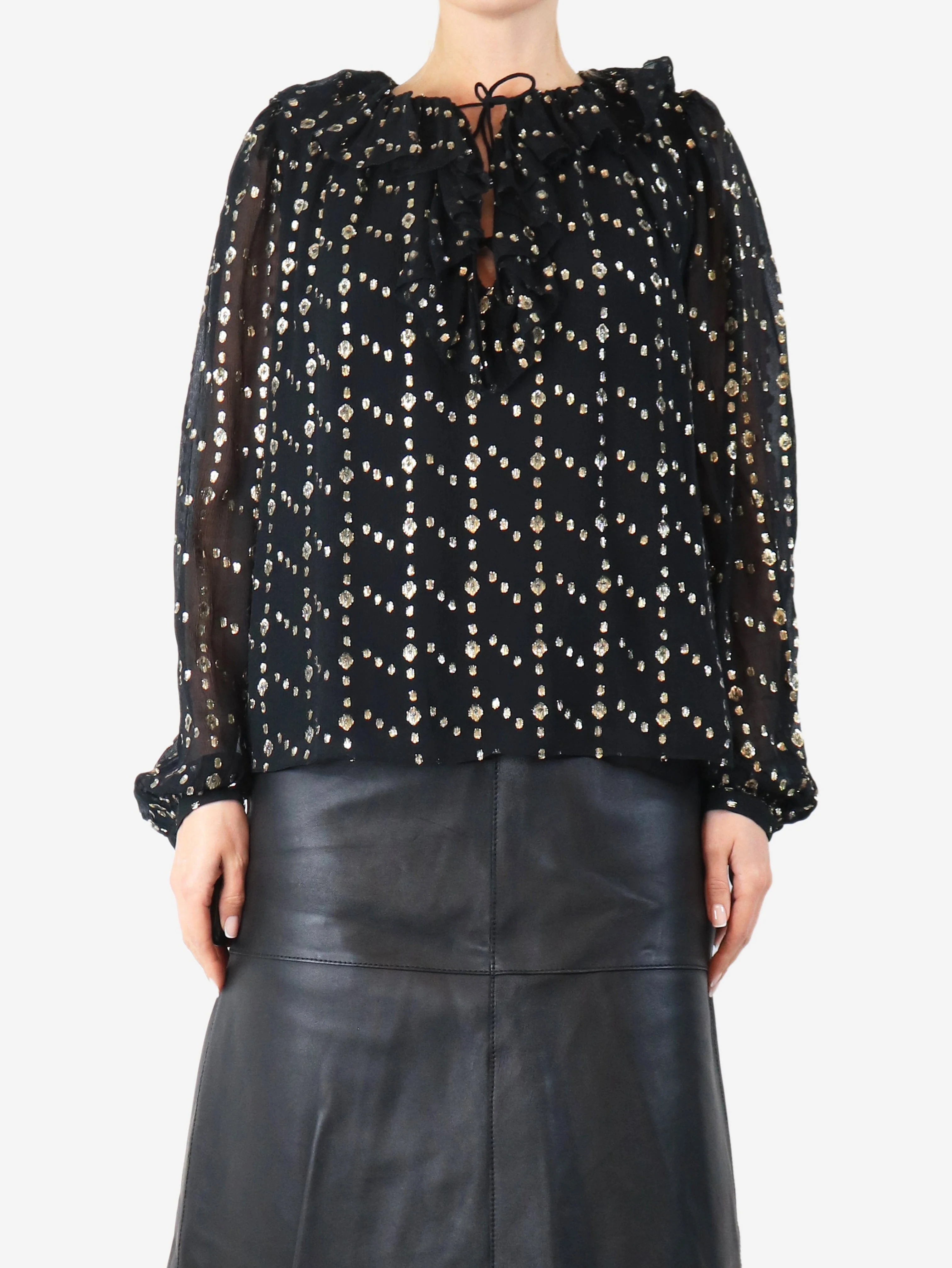 Black Emilie lurex-dot ruffle blouse - size UK 10