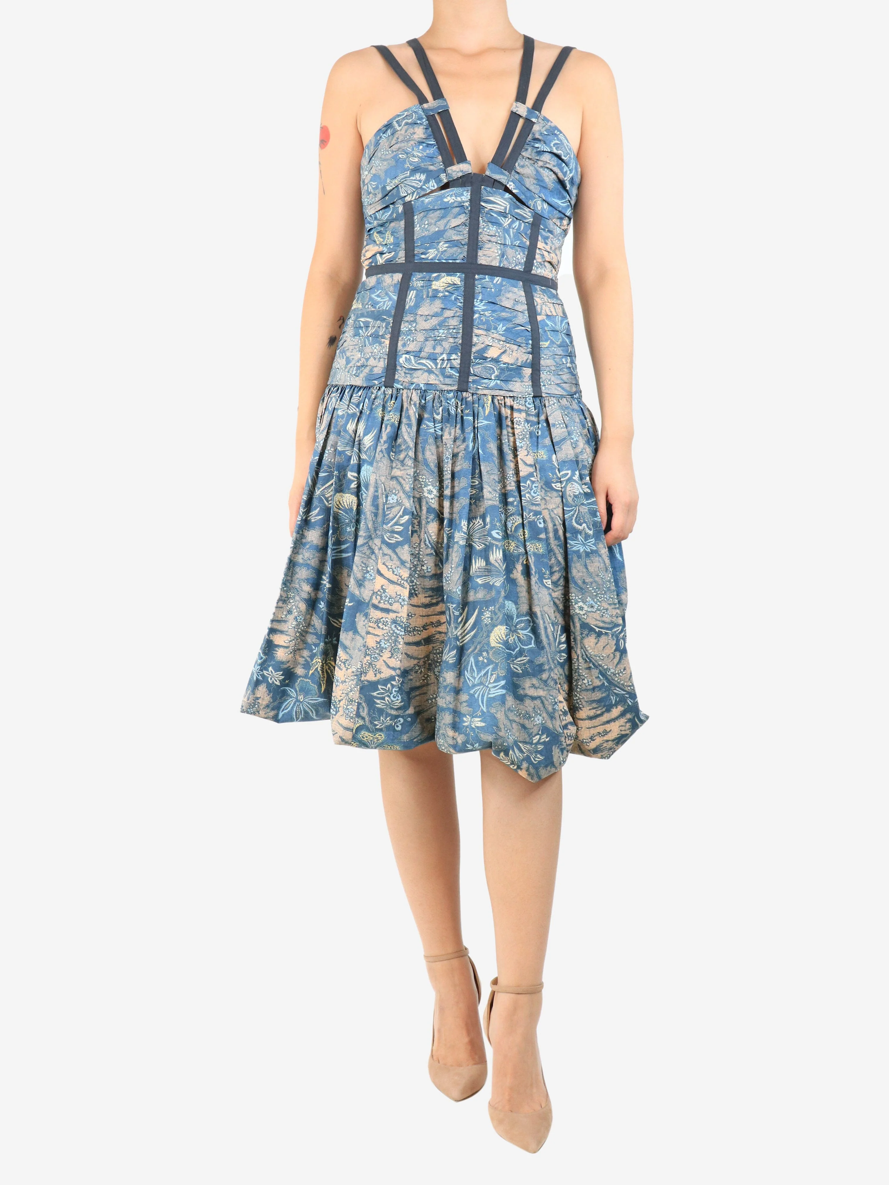 Blue floral midi dress - size UK 10