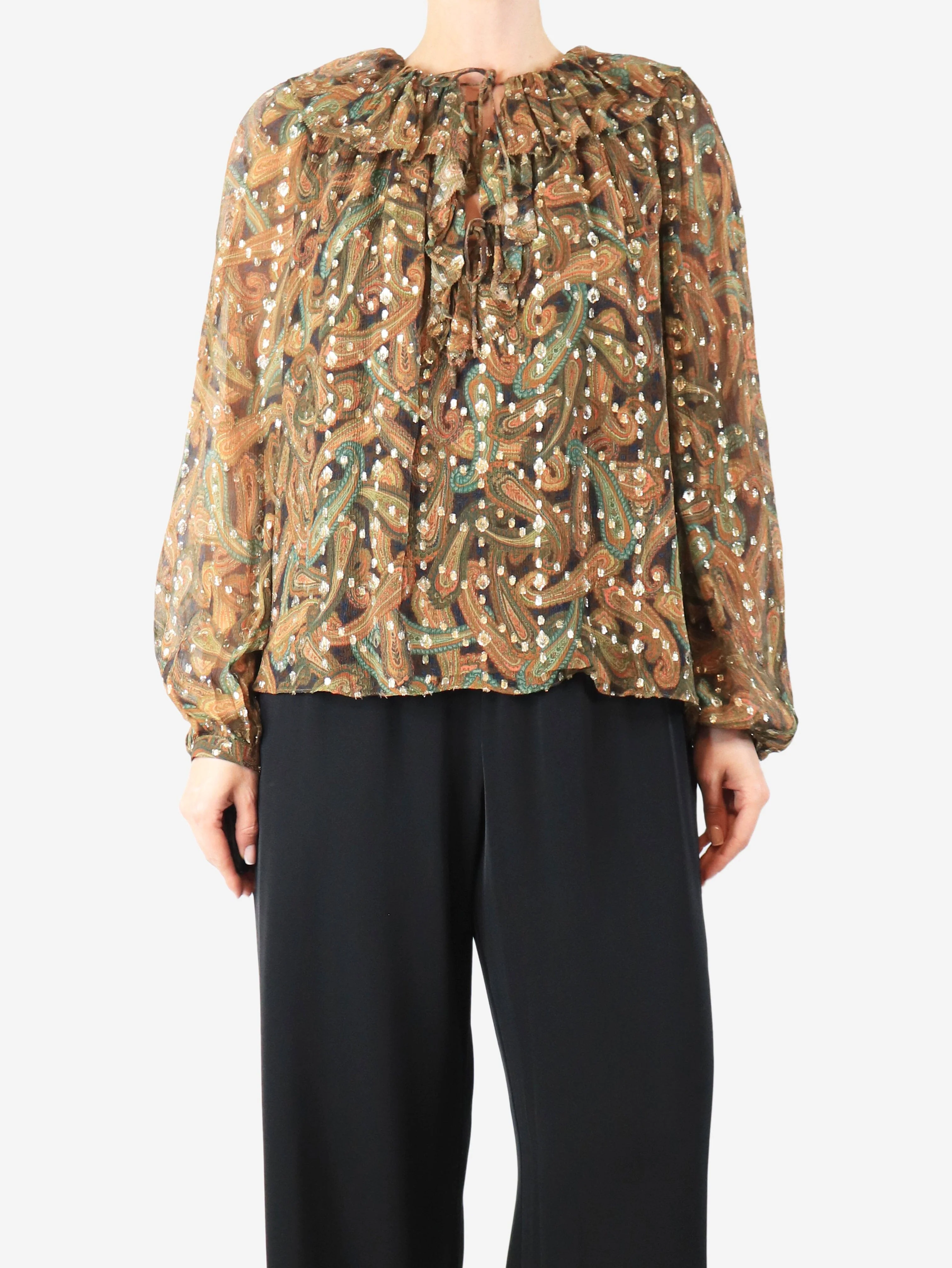 Brown Emilie paisley ruffle blouse - size UK 10